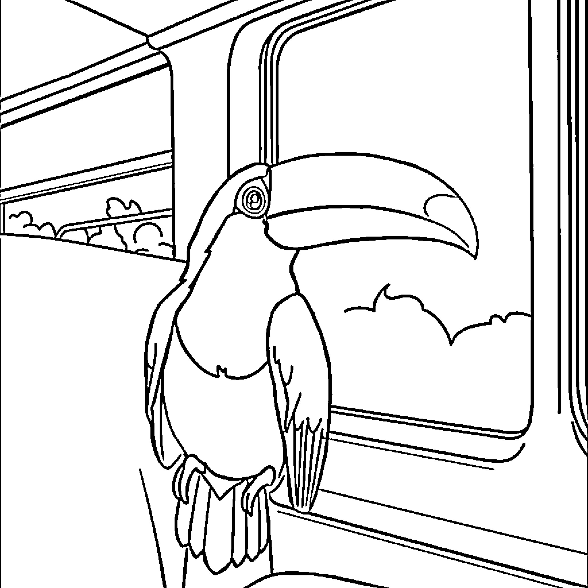 Toucan perched in tropical train car Coloring Page (free black-and-white line drawing printable PDF for all, from beginners to advanced learners, including children, teens, adults, and seniors)