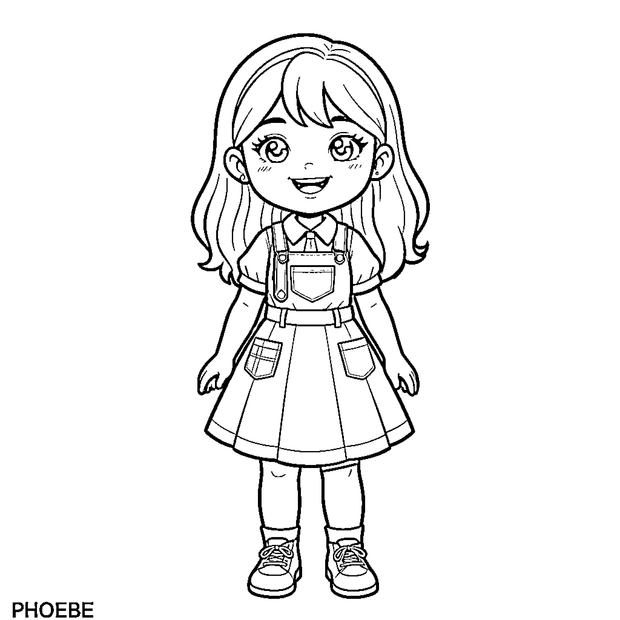 Girl in Casual Attire with Cheerful Expression Coloring Page (free black-and-white line drawing printable PDF for all, from beginners to advanced learners, including children, teens, adults, and seniors)
