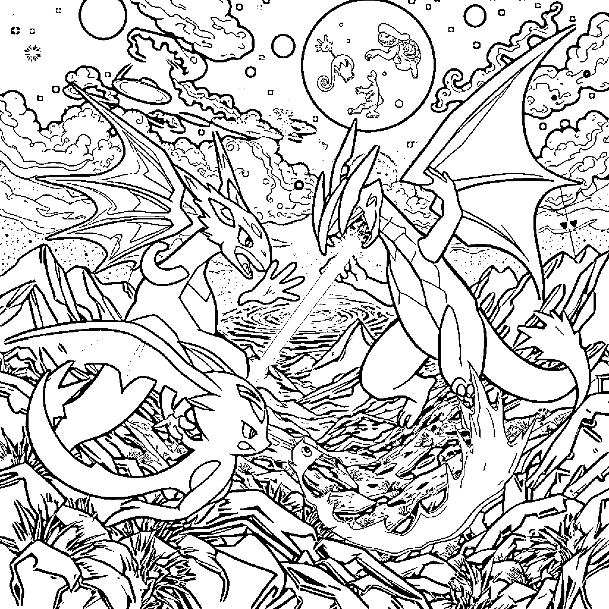 Pokémon fantasy landscape with battling creatures Coloring Page (free black-and-white line drawing printable PDF for all, from beginners to advanced learners, including children, teens, adults, and seniors)