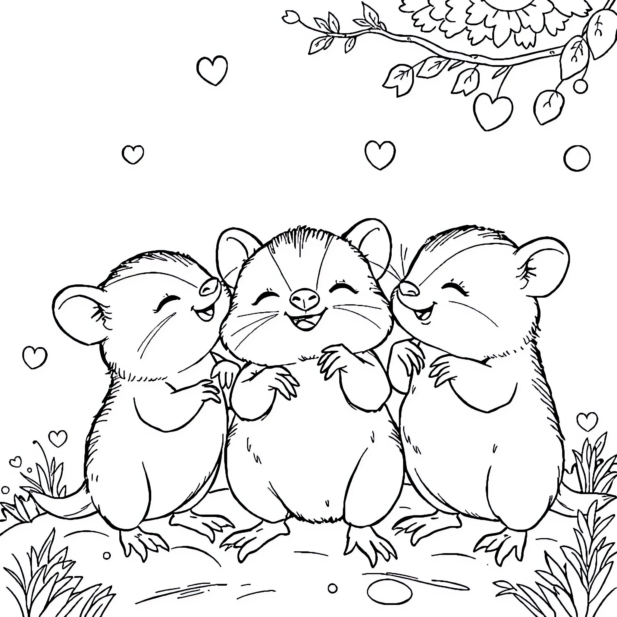 Souris enjoying their cheerful time together Coloring Page (free black-and-white line drawing printable PDF for all, from beginners to advanced learners, including children, teens, adults, and seniors)