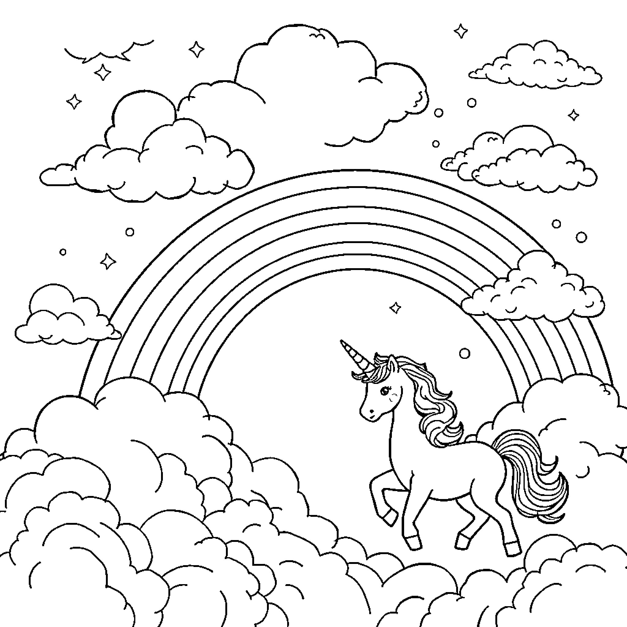 Unicorn galloping through enchanted skies Coloring Page (free black-and-white line drawing printable PDF for all, from beginners to advanced learners, including children, teens, adults, and seniors)