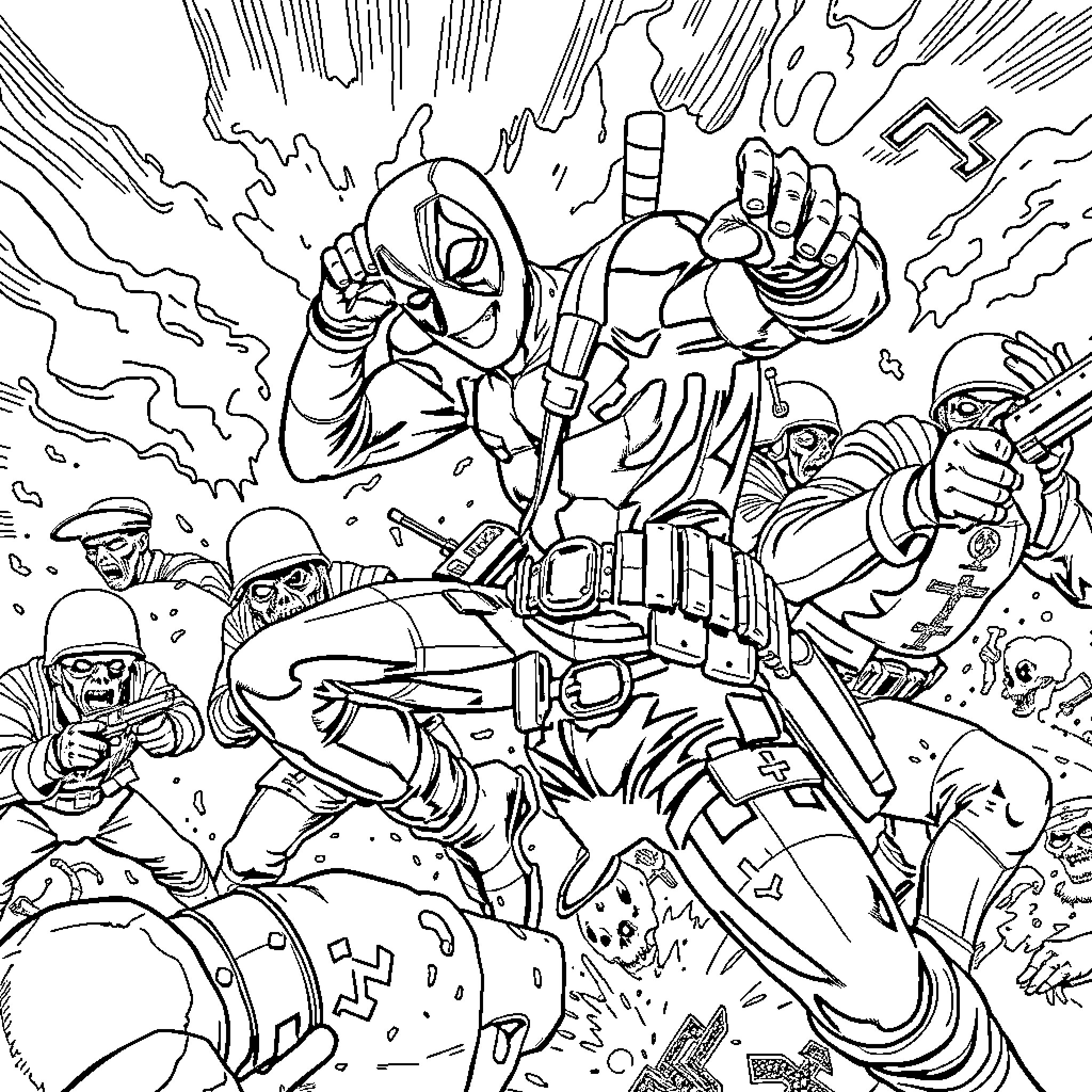 Deadpool in explosive combat with armed adversaries Coloring Page (free black-and-white line drawing printable PDF for all, from beginners to advanced learners, including children, teens, adults, and seniors)