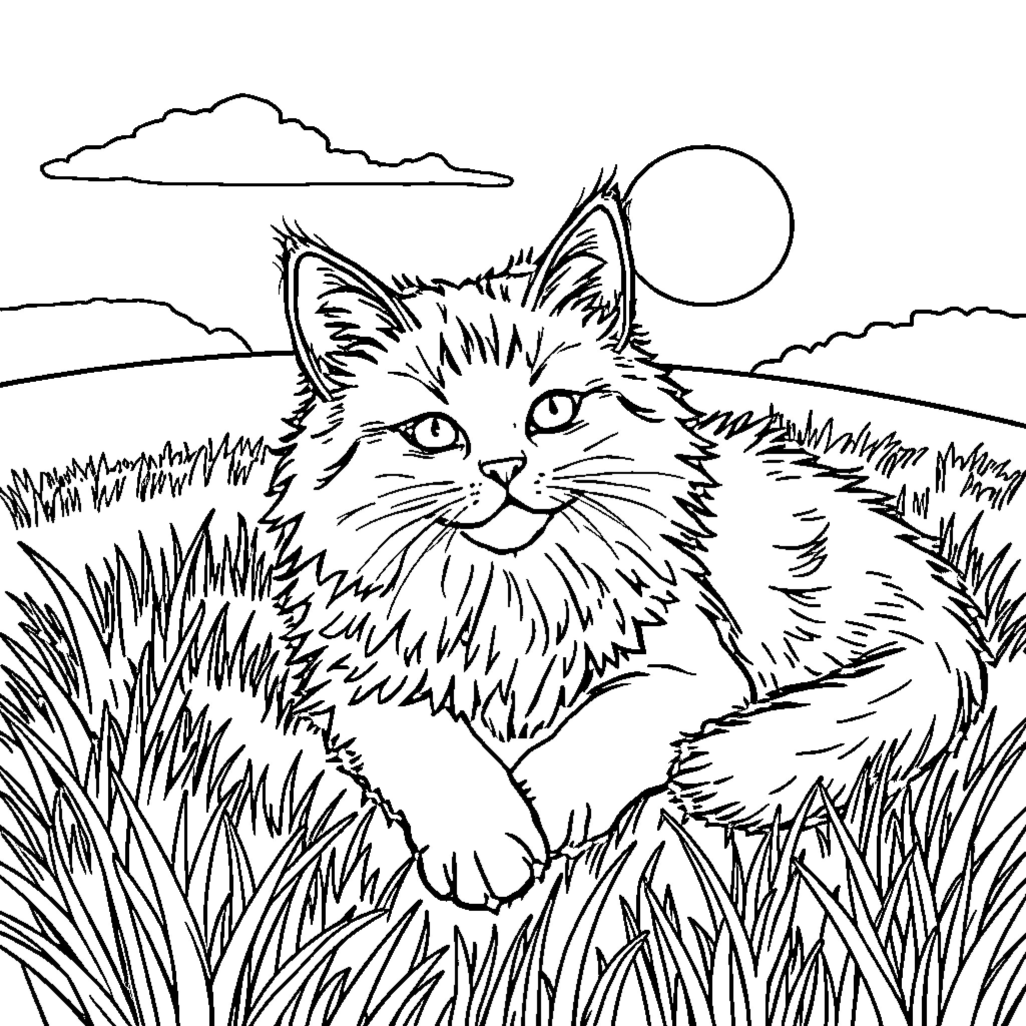 Cat in a grassy field under the moon Coloring Page (free black-and-white line drawing printable PDF for all, from beginners to advanced learners, including children, teens, adults, and seniors)