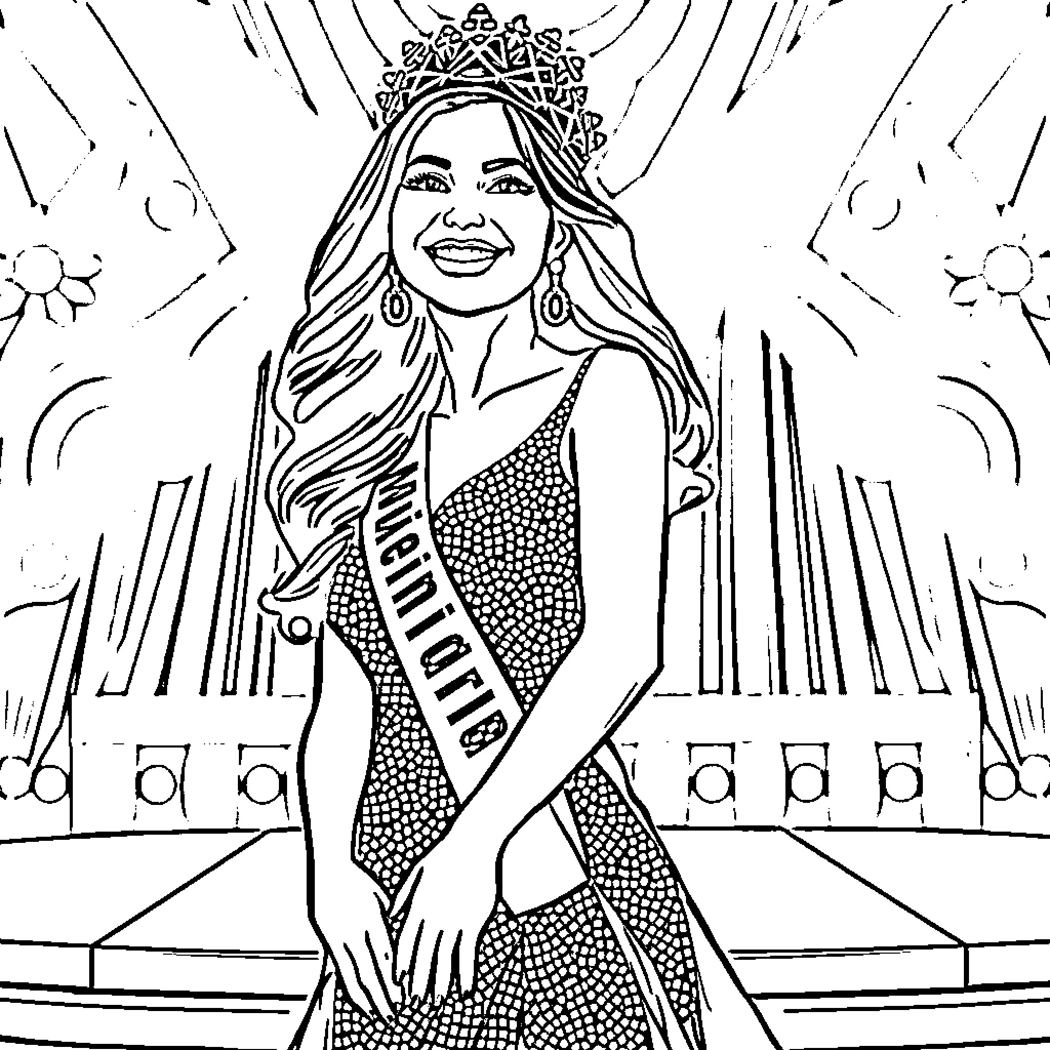 Miss Universe Crowned on Stage in Sparkling Gown Coloring Page (free black-and-white line drawing printable PDF for all, from beginners to advanced learners, including children, teens, adults, and seniors)