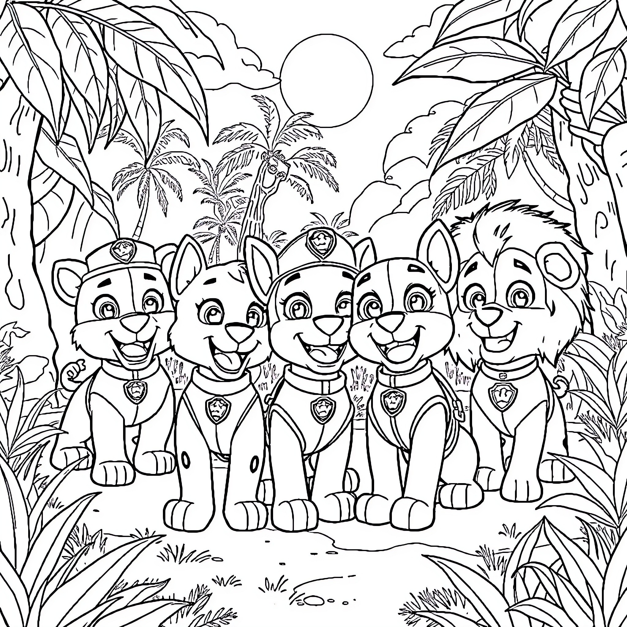 Paw Patrol Pups Exploring the Jungle Coloring Page (free black-and-white line drawing printable PDF for all, from beginners to advanced learners, including children, teens, adults, and seniors)