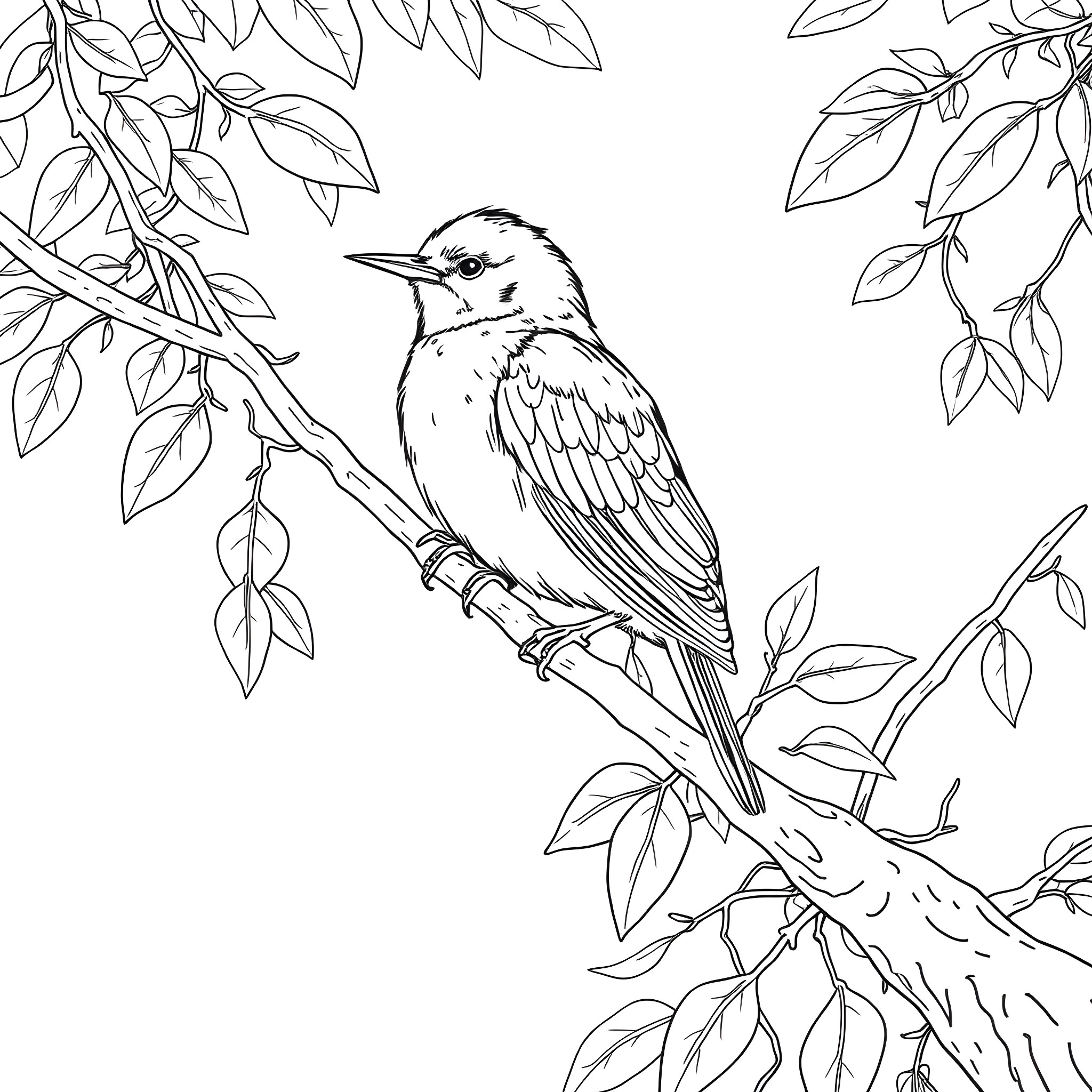 Emberiza - A Perched Bird Amidst Leaves and Branches Coloring Page (free black-and-white line drawing printable PDF for all, from beginners to advanced learners, including children, teens, adults, and seniors)