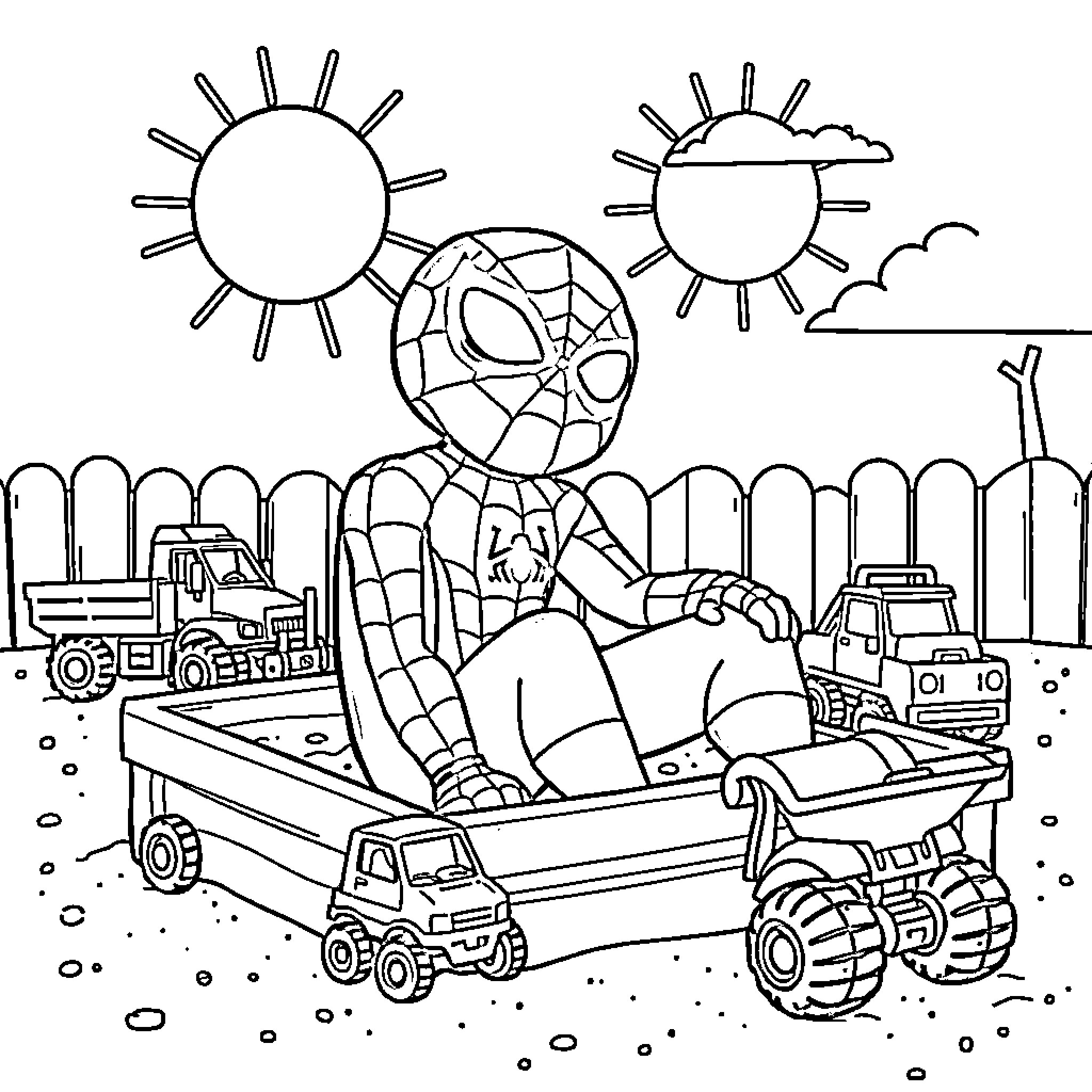 Spiderman relaxing on a truck in a sunny construction site Coloring Page (free black-and-white line drawing printable PDF for all, from beginners to advanced learners, including children, teens, adults, and seniors)