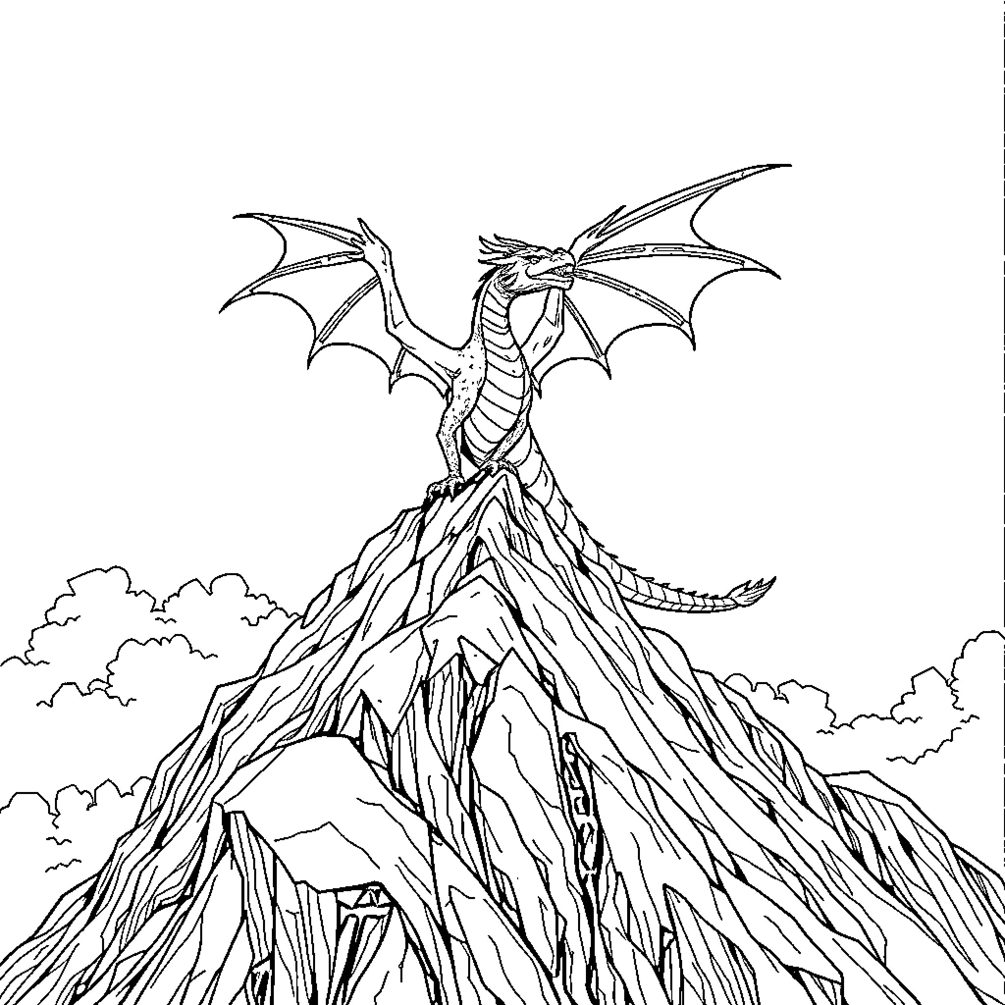 Dragon perched atop a majestic mountain peak Coloring Page (free black-and-white line drawing printable PDF for all, from beginners to advanced learners, including children, teens, adults, and seniors)