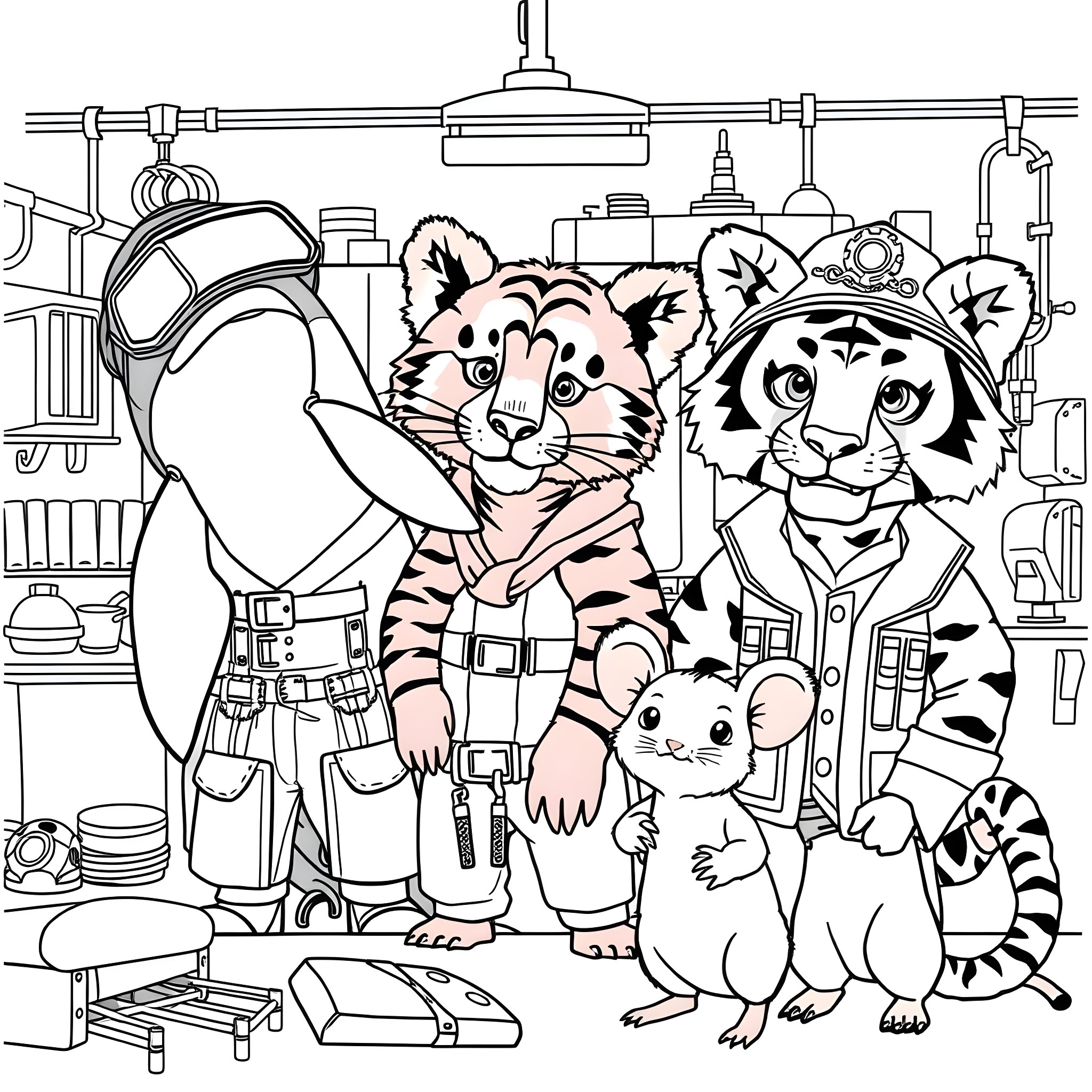 Orca characters in a scientific lab environment Coloring Page (free black-and-white line drawing printable PDF for all, from beginners to advanced learners, including children, teens, adults, and seniors)