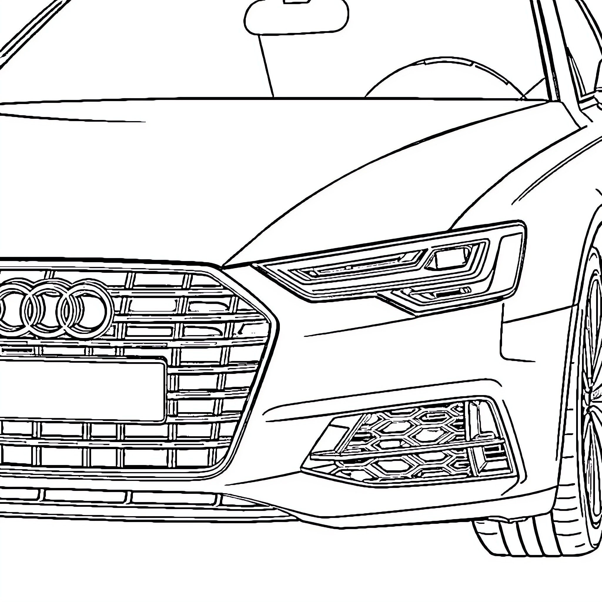 Audi A6 luxury sedan design Coloring Page (free black-and-white line drawing printable PDF for all, from beginners to advanced learners, including children, teens, adults, and seniors)