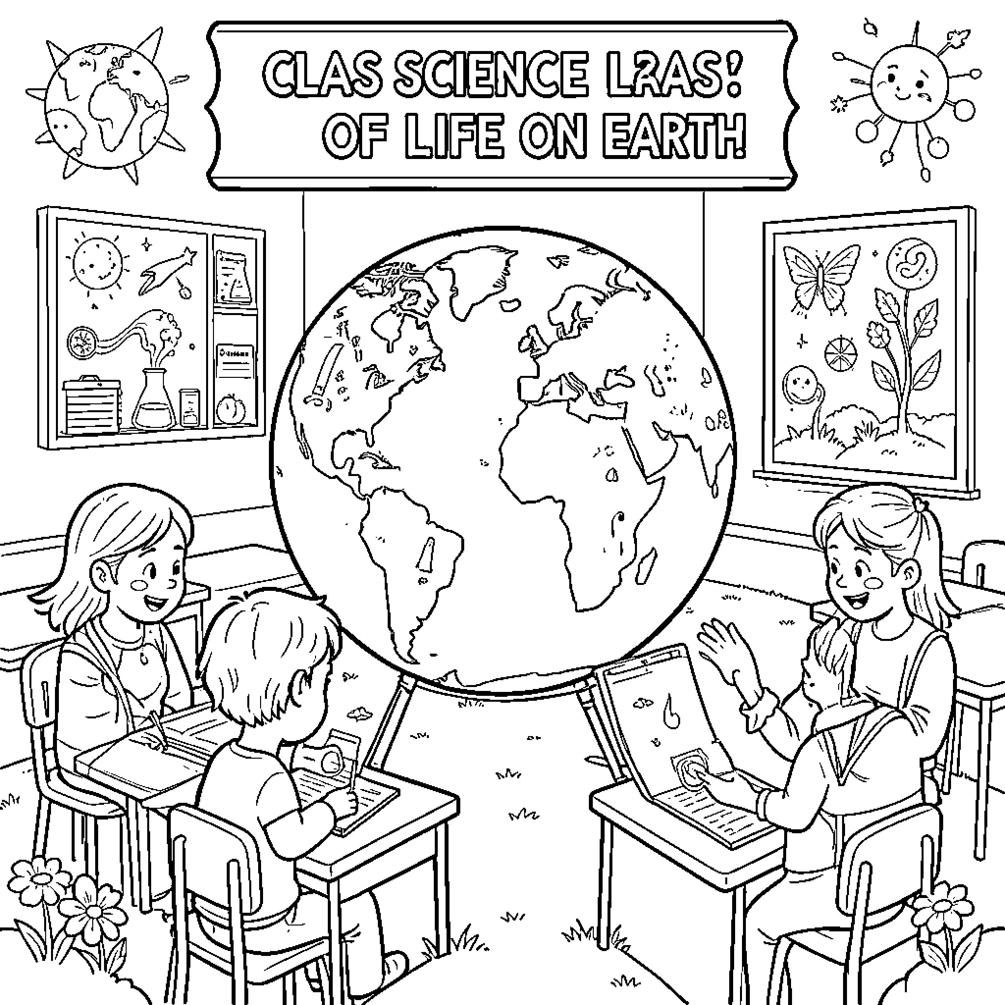 Life Science students studying Earth and nature in classroom Coloring Page (free black-and-white line drawing printable PDF for all, from beginners to advanced learners, including children, teens, adults, and seniors)