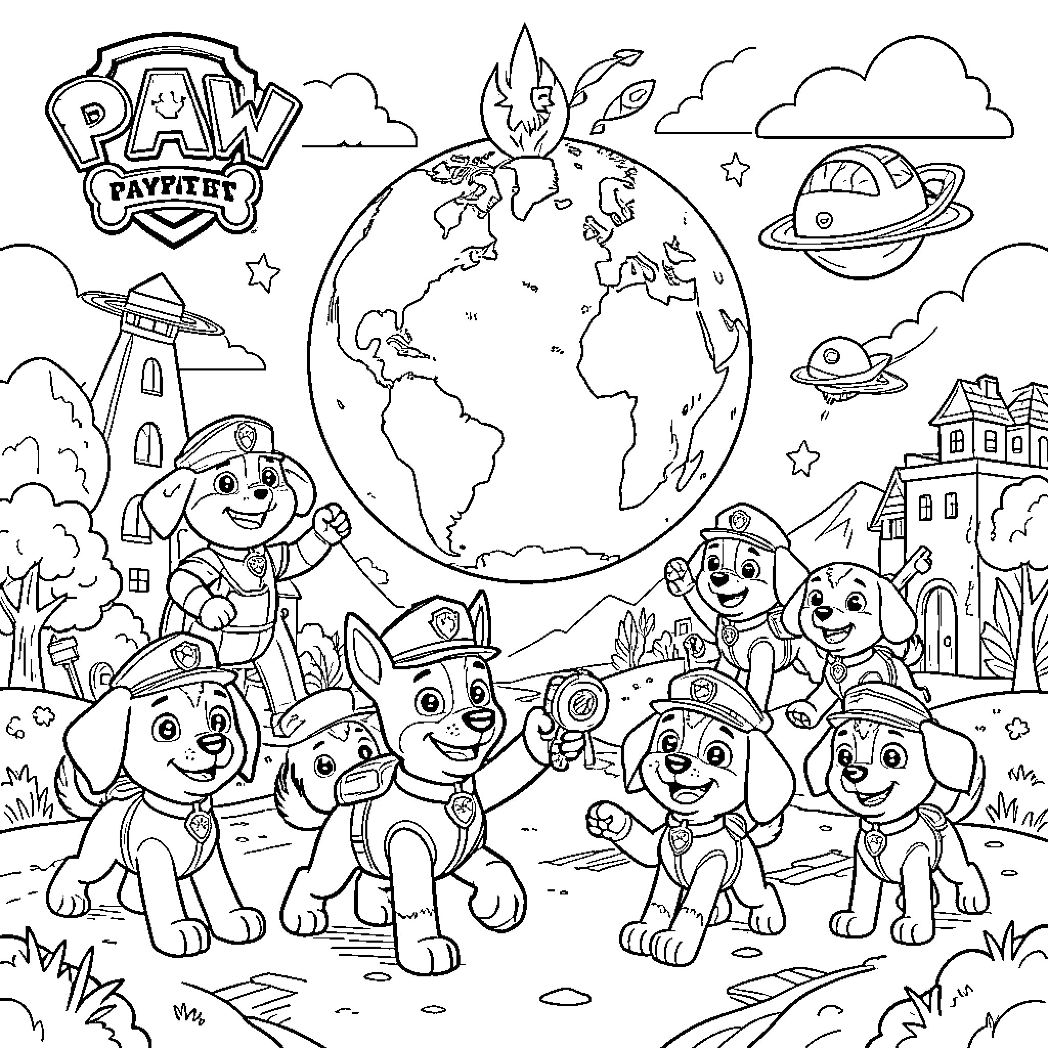 Paw Patrol pups celebrating a mission around the world Coloring Page (free black-and-white line drawing printable PDF for all, from beginners to advanced learners, including children, teens, adults, and seniors)