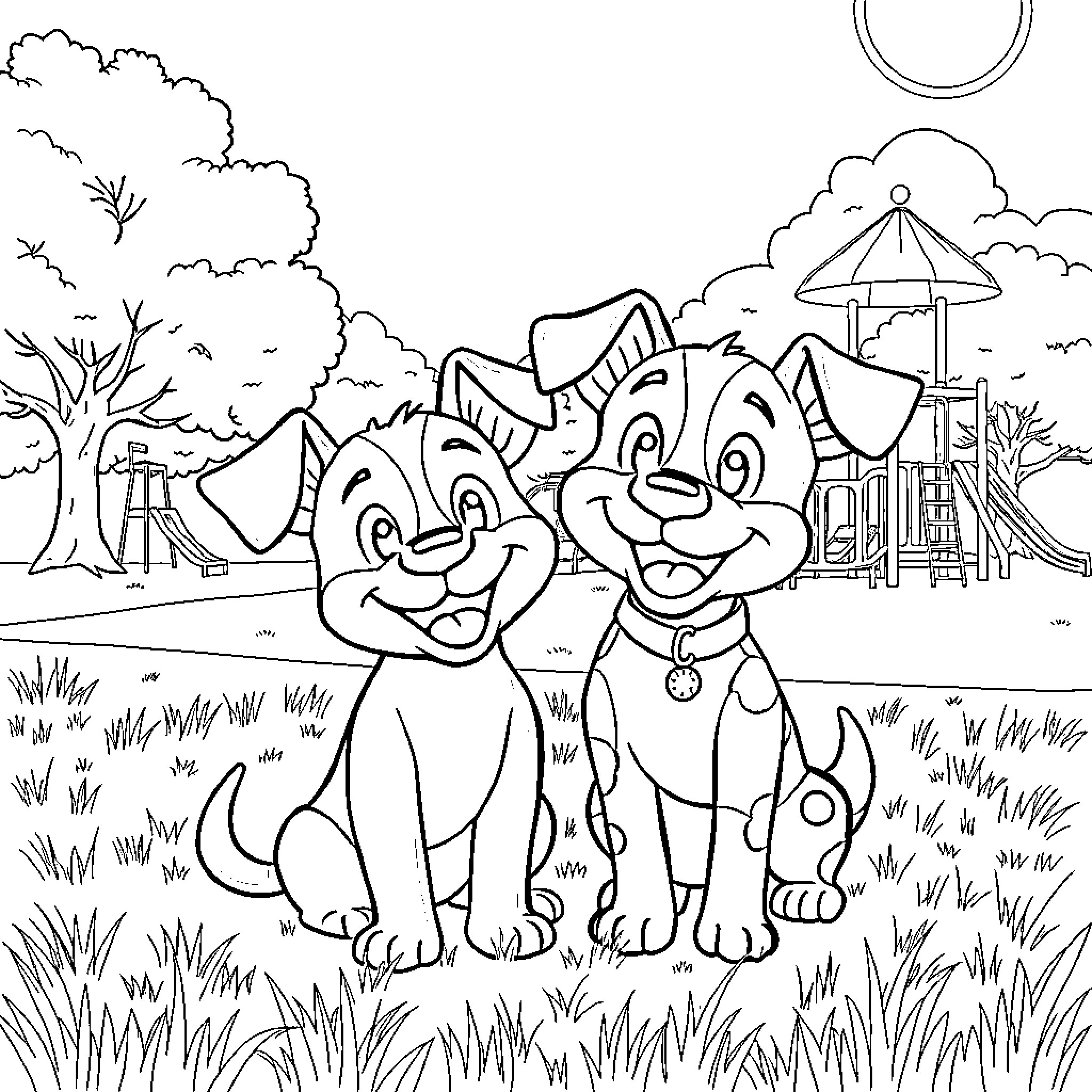 Bingo - Playful pups in the park Coloring Page (free black-and-white line drawing printable PDF for all, from beginners to advanced learners, including children, teens, adults, and seniors)