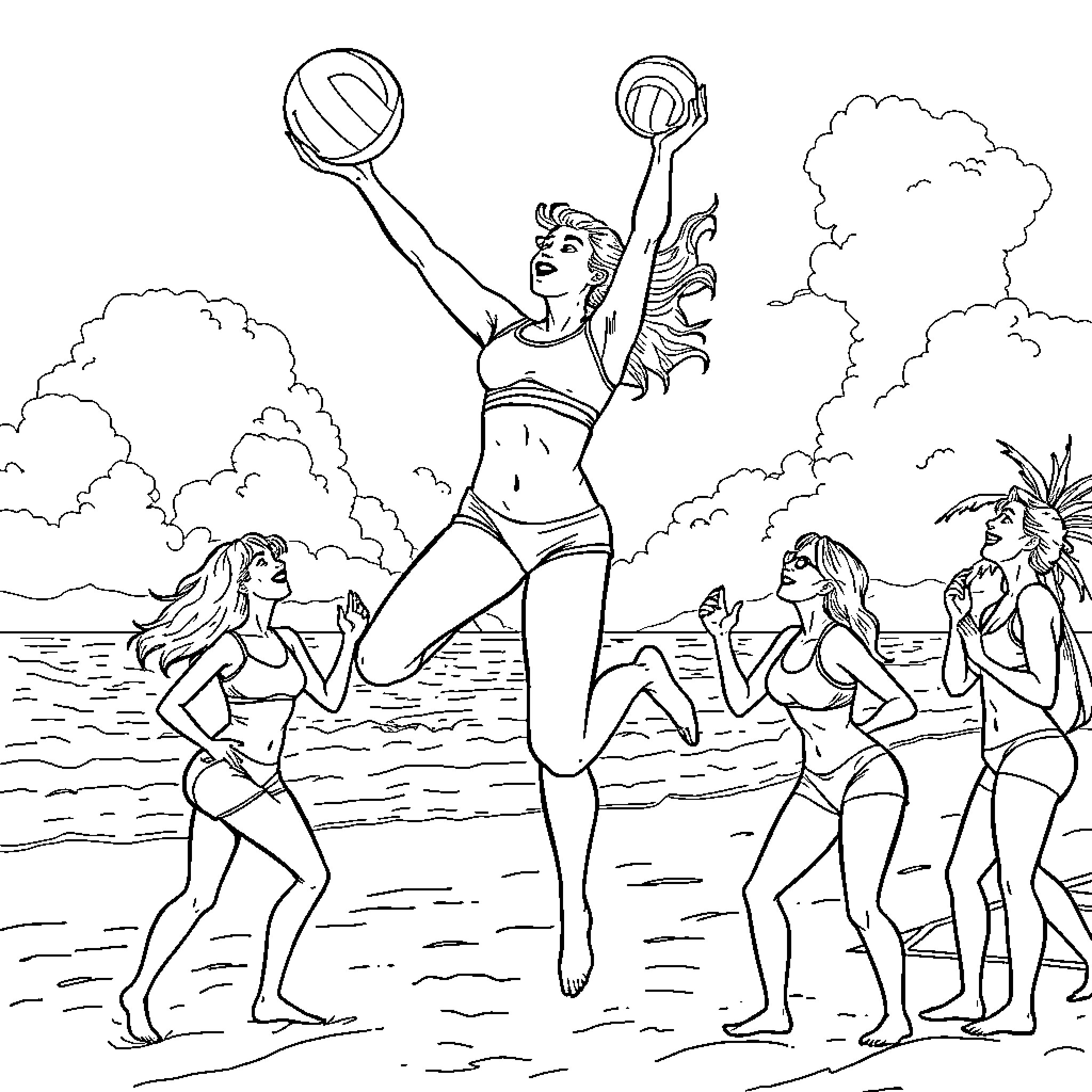 Rhea Ripley Leaping With Volleyball on Beach With Friends Coloring Page (free black-and-white line drawing printable PDF for all, from beginners to advanced learners, including children, teens, adults, and seniors)