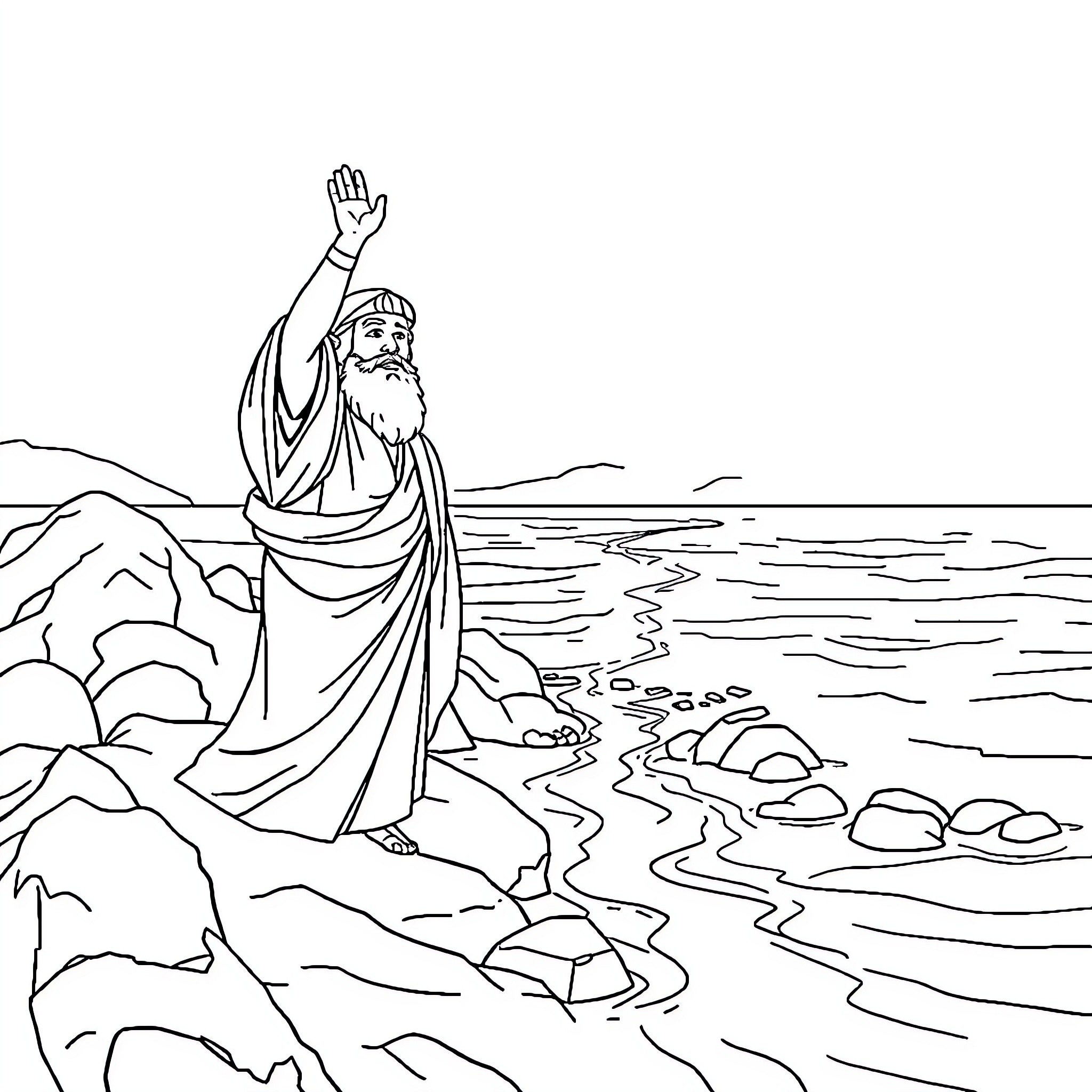Moses Leads the Israelites Through the Parting of the Red Sea Coloring Page (free black-and-white line drawing printable PDF for all, from beginners to advanced learners, including children, teens, adults, and seniors)