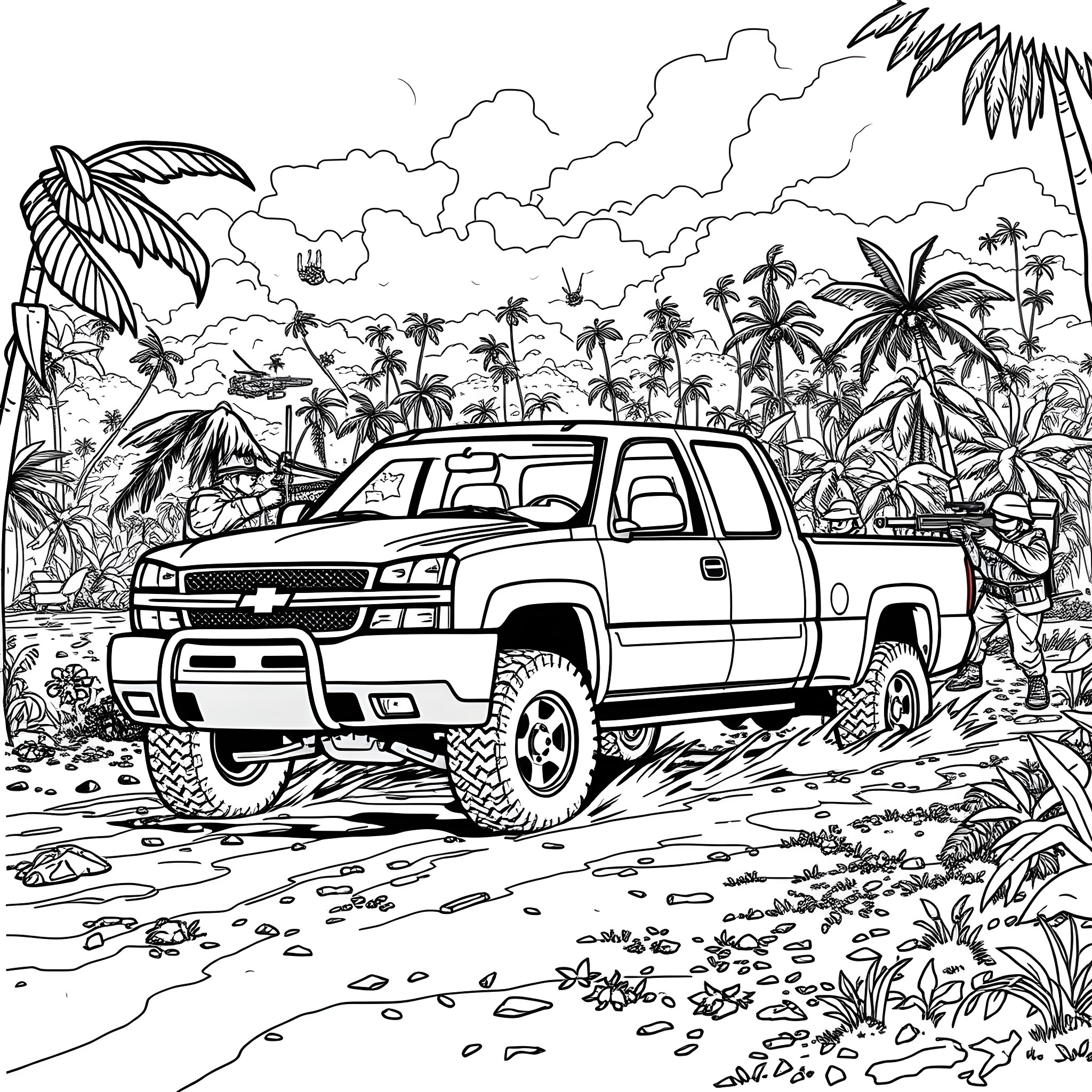 Silverado Truck Conquering Rugged Tropical Terrain Coloring Page (free black-and-white line drawing printable PDF for all, from beginners to advanced learners, including children, teens, adults, and seniors)