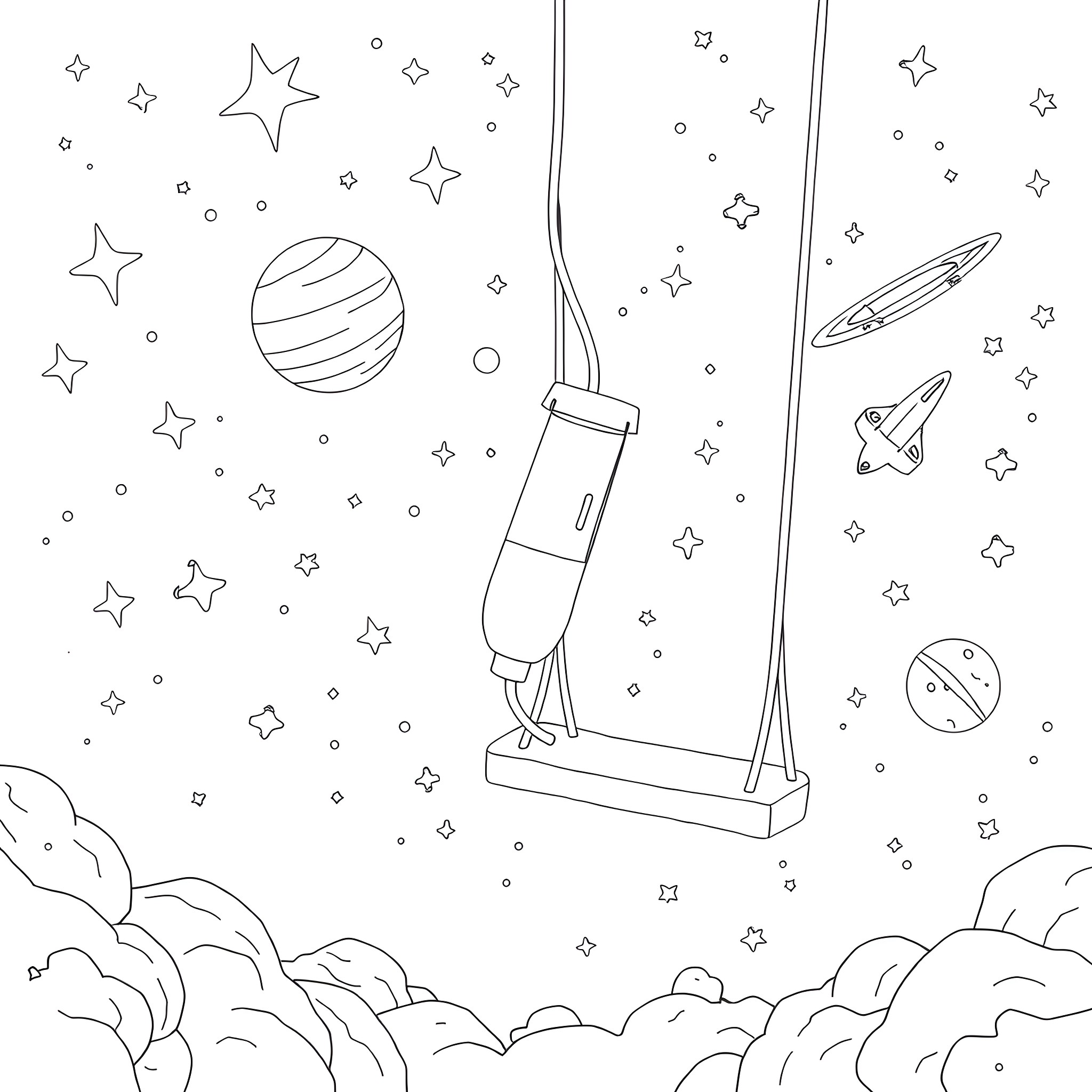 Feeding Tube to the Stars Coloring Page (free black-and-white line drawing printable PDF for all, from beginners to advanced learners, including children, teens, adults, and seniors)