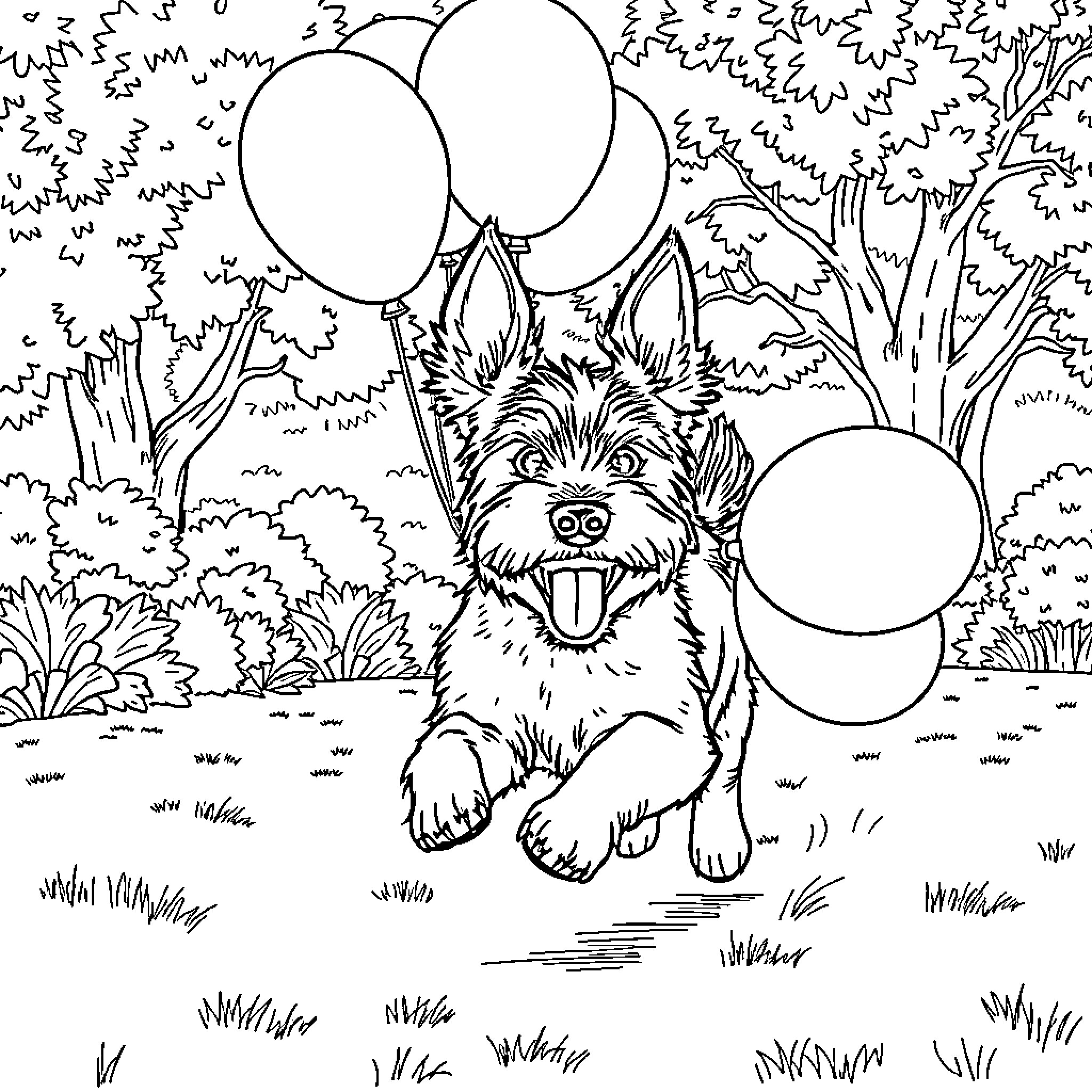 Terrier playing with balloons in the forest Coloring Page (free black-and-white line drawing printable PDF for all, from beginners to advanced learners, including children, teens, adults, and seniors)
