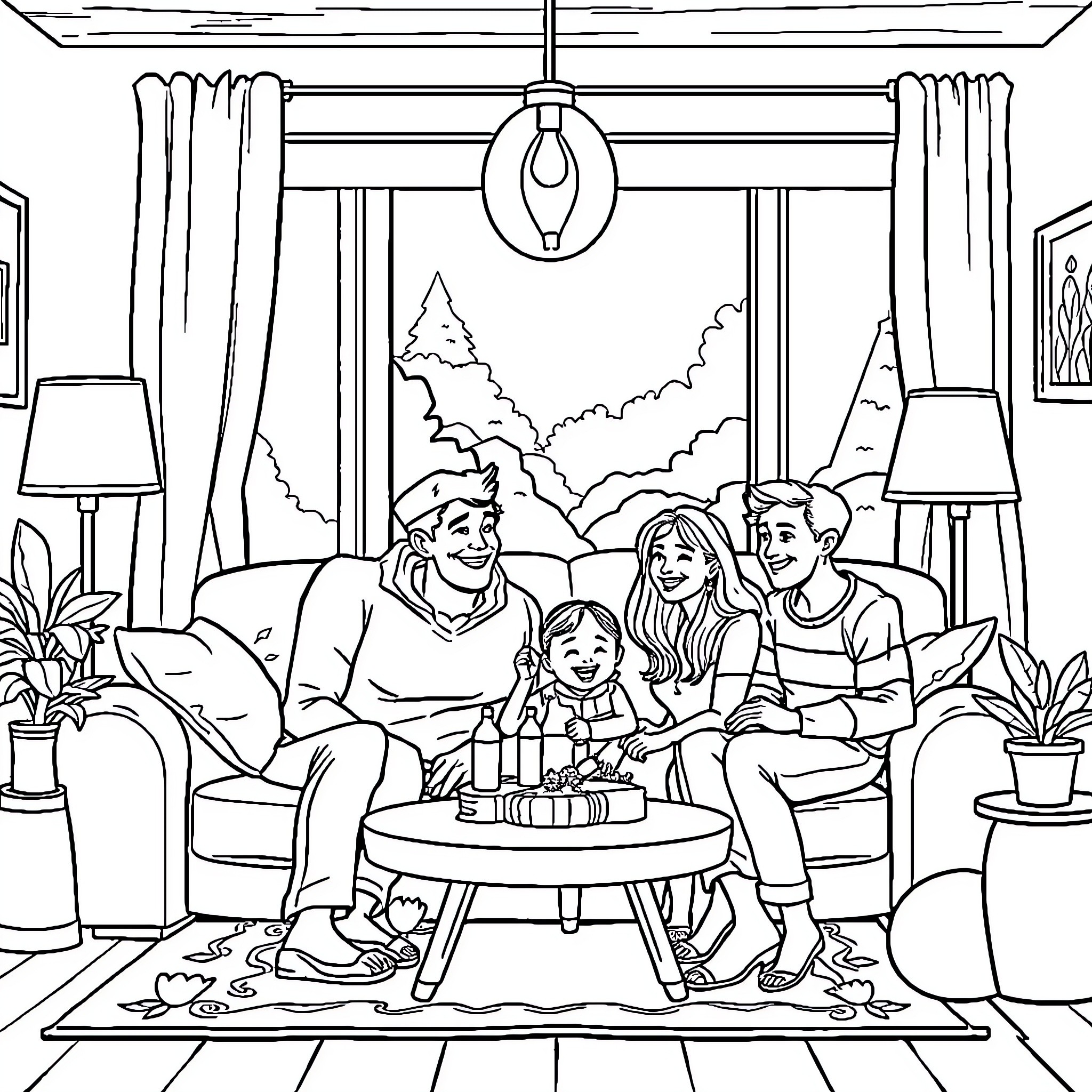Family Enjoying Quality Time at Home Coloring Page (free black-and-white line drawing printable PDF for all, from beginners to advanced learners, including children, teens, adults, and seniors)