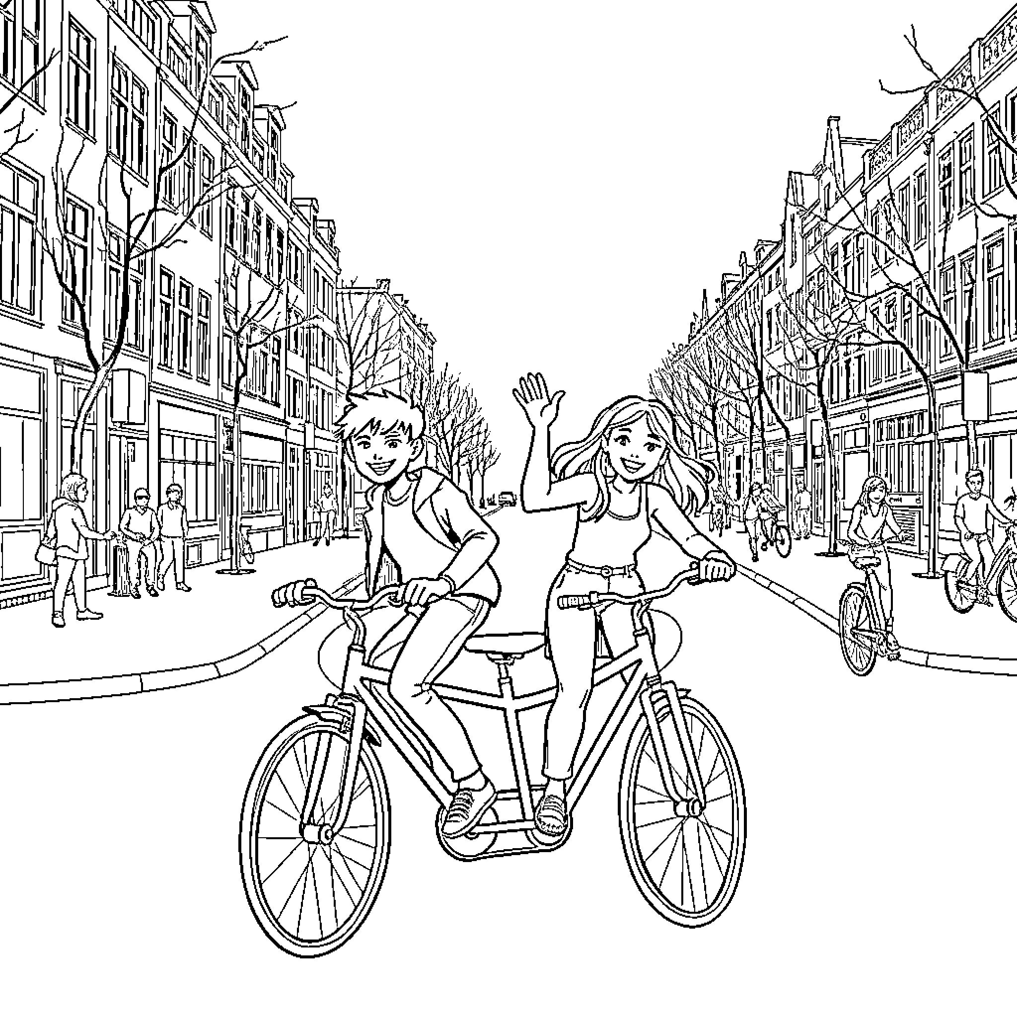 Bicycle ride through a lively city street Coloring Page (free black-and-white line drawing printable PDF for all, from beginners to advanced learners, including children, teens, adults, and seniors)