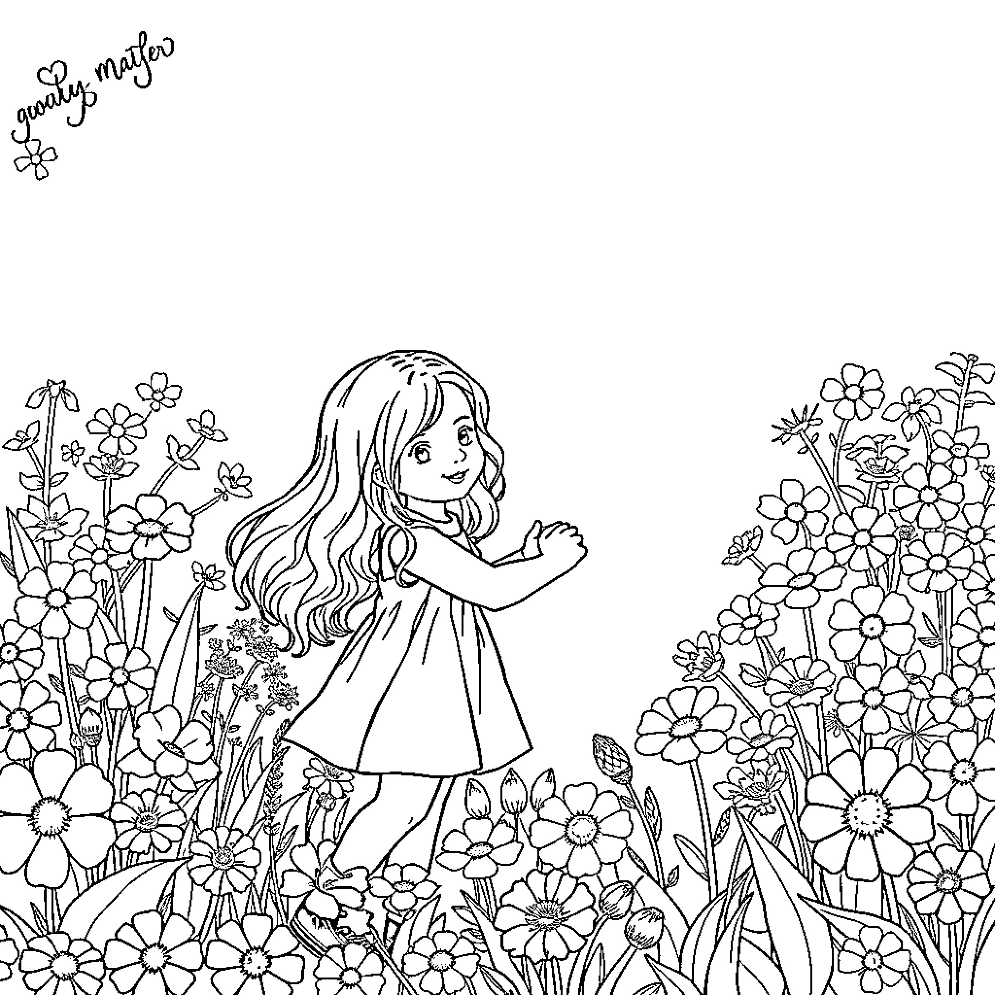 Girl exploring a field of flowers Coloring Page (free black-and-white line drawing printable PDF for all, from beginners to advanced learners, including children, teens, adults, and seniors)