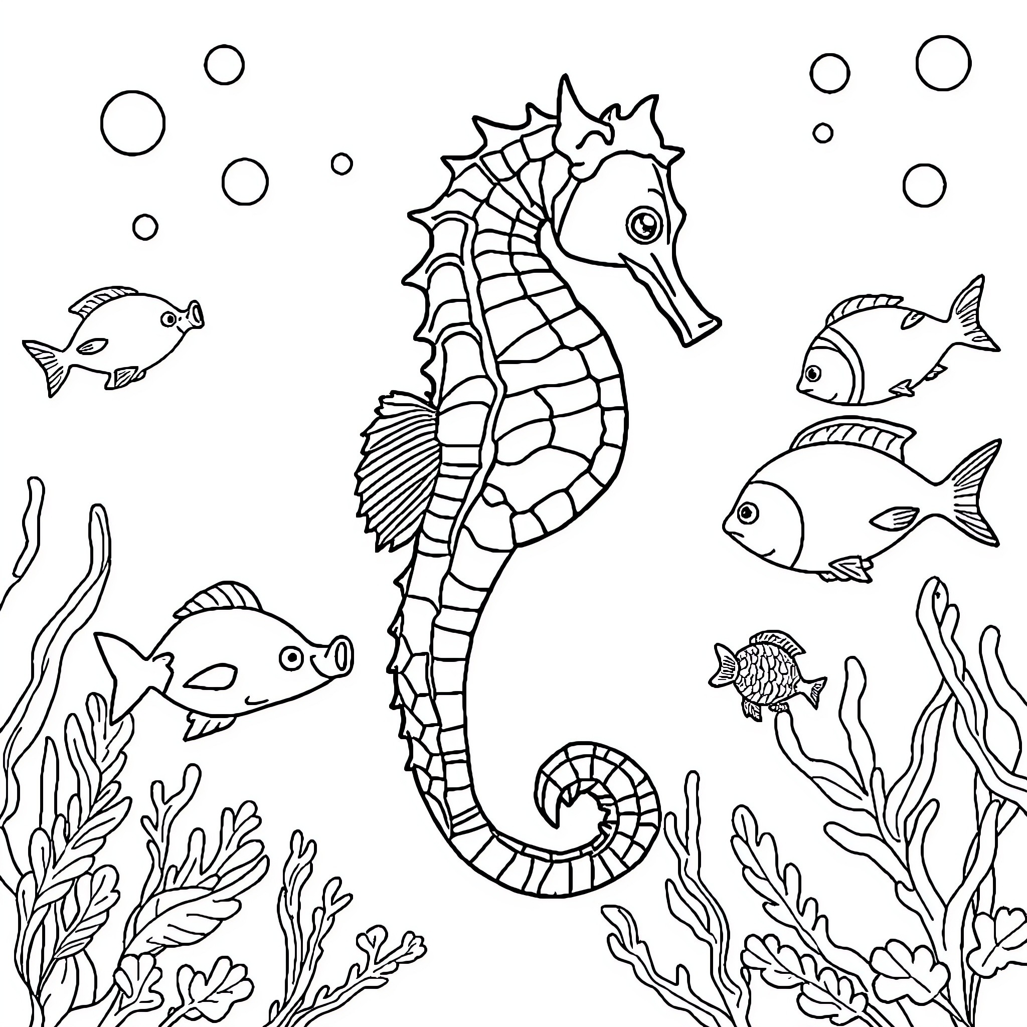 Seahorse swimming among colorful marine creatures Coloring Page (free black-and-white line drawing printable PDF for all, from beginners to advanced learners, including children, teens, adults, and seniors)