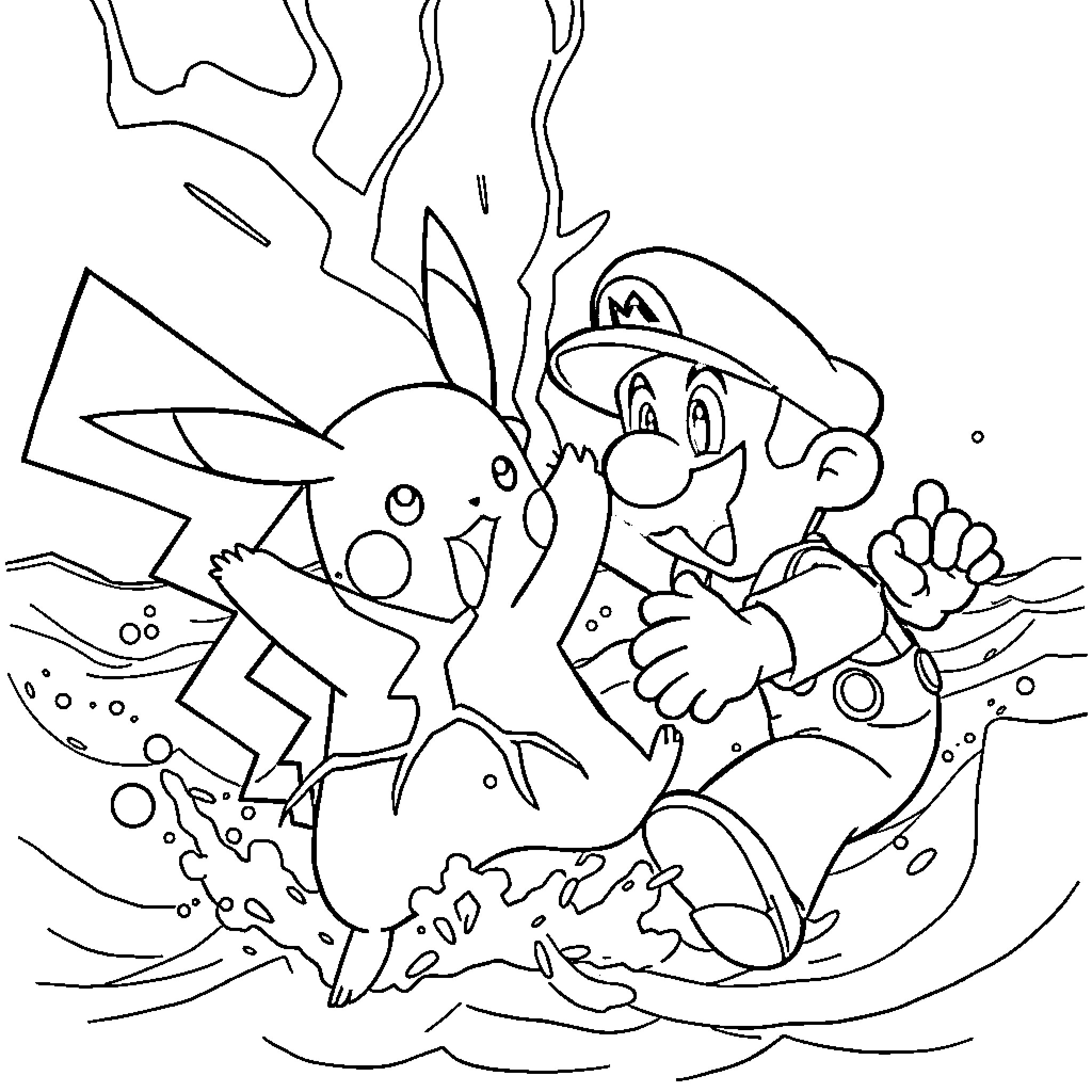 Pikachu and Mario's underwater adventure Coloring Page (free black-and-white line drawing printable PDF for all, from beginners to advanced learners, including children, teens, adults, and seniors)