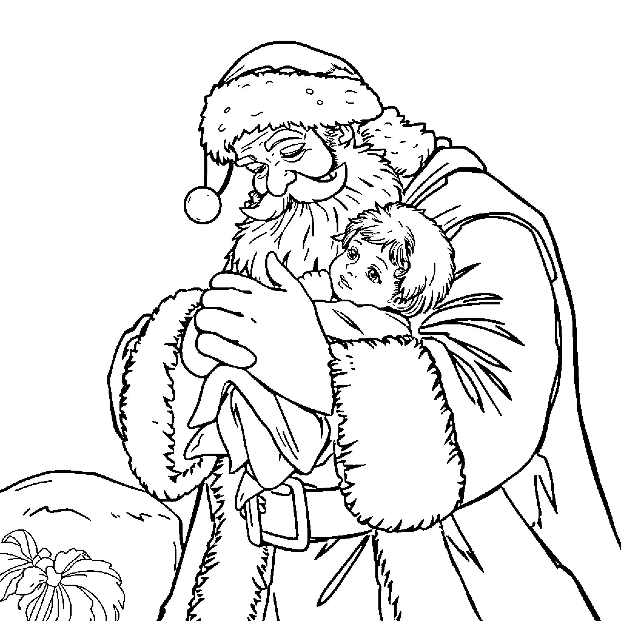Santa embracing a child in winter wonderland Coloring Page (free black-and-white line drawing printable PDF for all, from beginners to advanced learners, including children, teens, adults, and seniors)