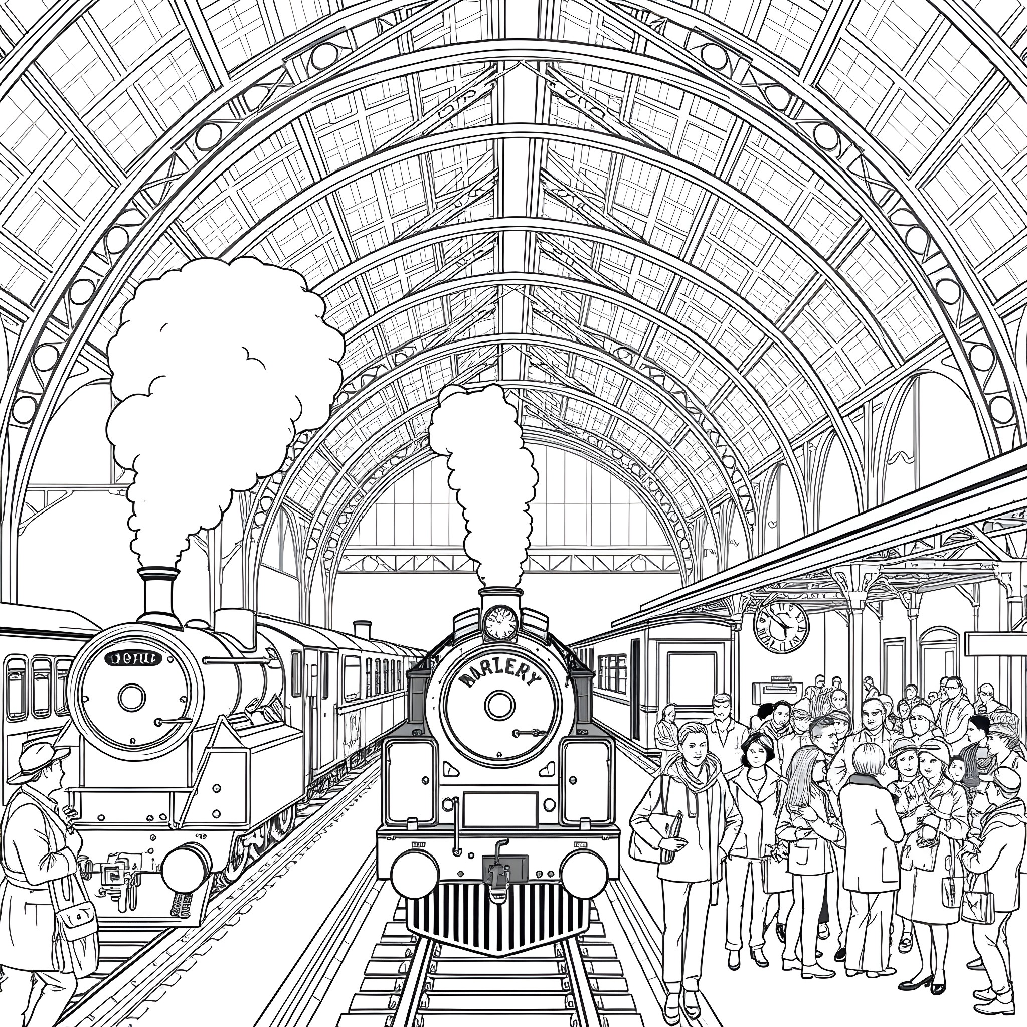 Train travelers waiting in a vintage train station Coloring Page (free black-and-white line drawing printable PDF for all, from beginners to advanced learners, including children, teens, adults, and seniors)