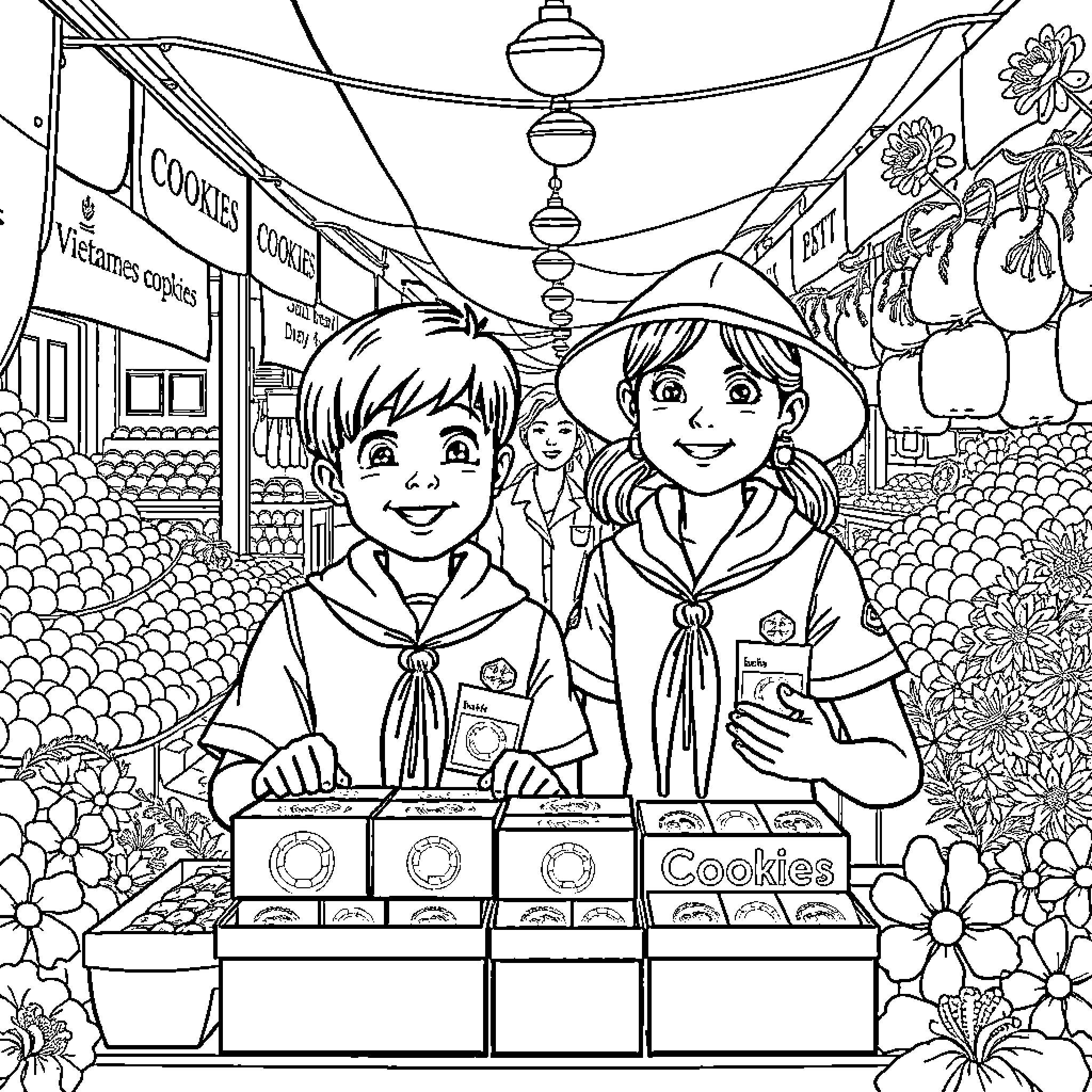 Scout Scouts Selling Cookies at Booth Coloring Page (free black-and-white line drawing printable PDF for all, from beginners to advanced learners, including children, teens, adults, and seniors)