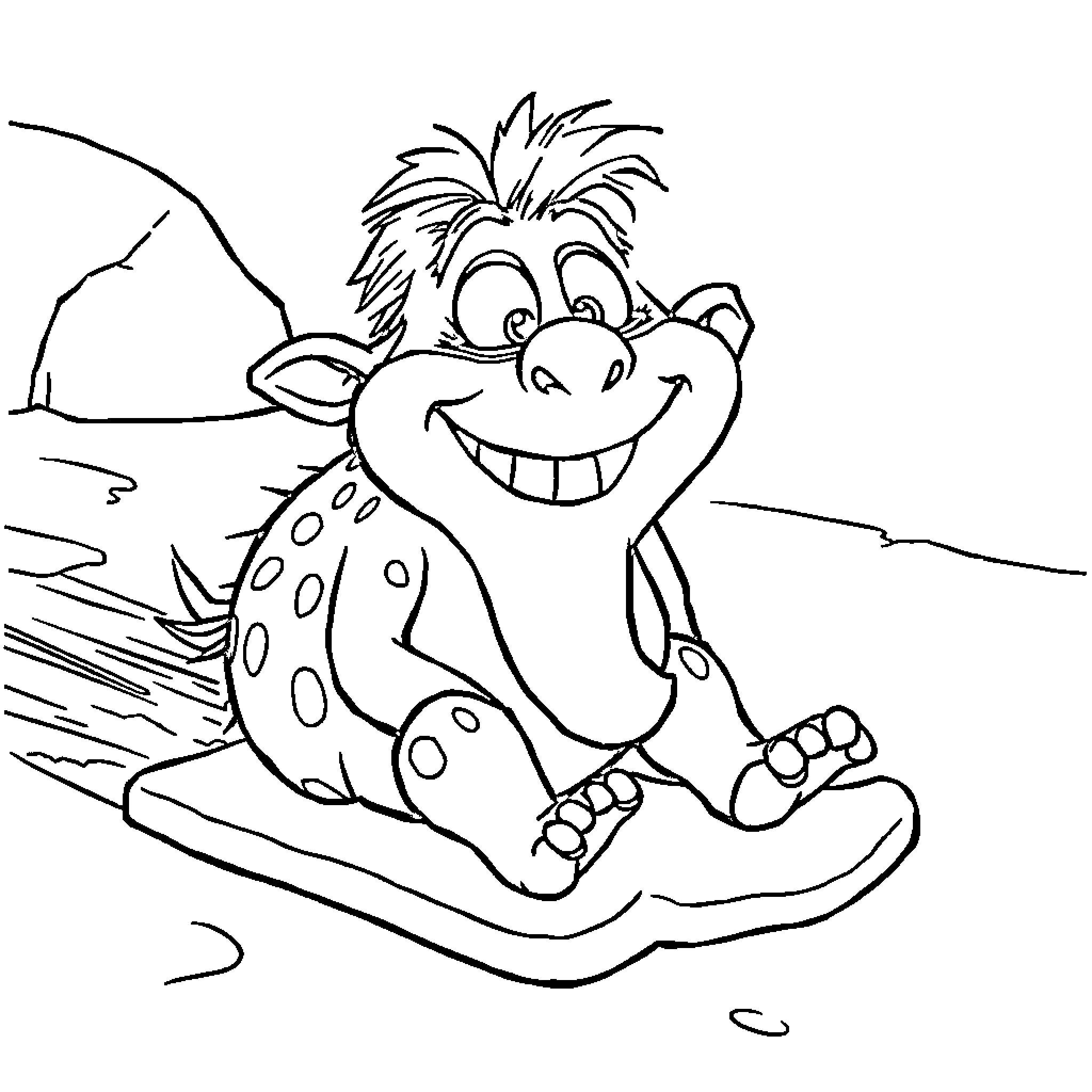 Meme of a smiling spotted creature sledding Coloring Page (free black-and-white line drawing printable PDF for all, from beginners to advanced learners, including children, teens, adults, and seniors)
