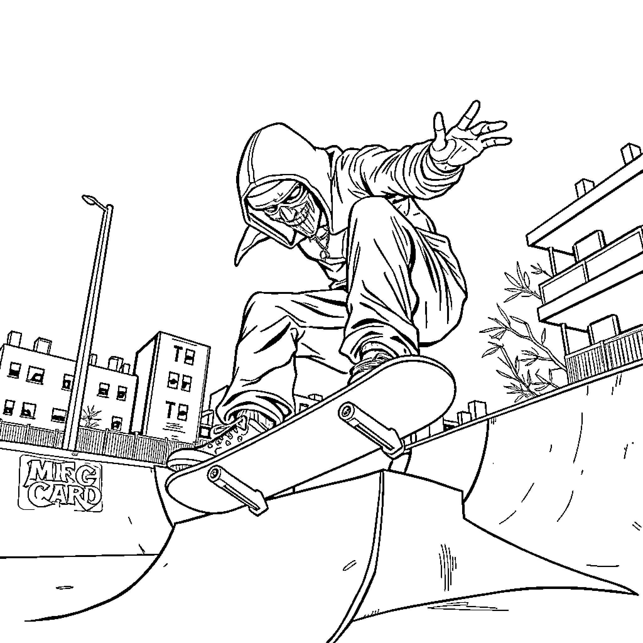 MF DOOM performing skateboard tricks in urban setting Coloring Page (free black-and-white line drawing printable PDF for all, from beginners to advanced learners, including children, teens, adults, and seniors)