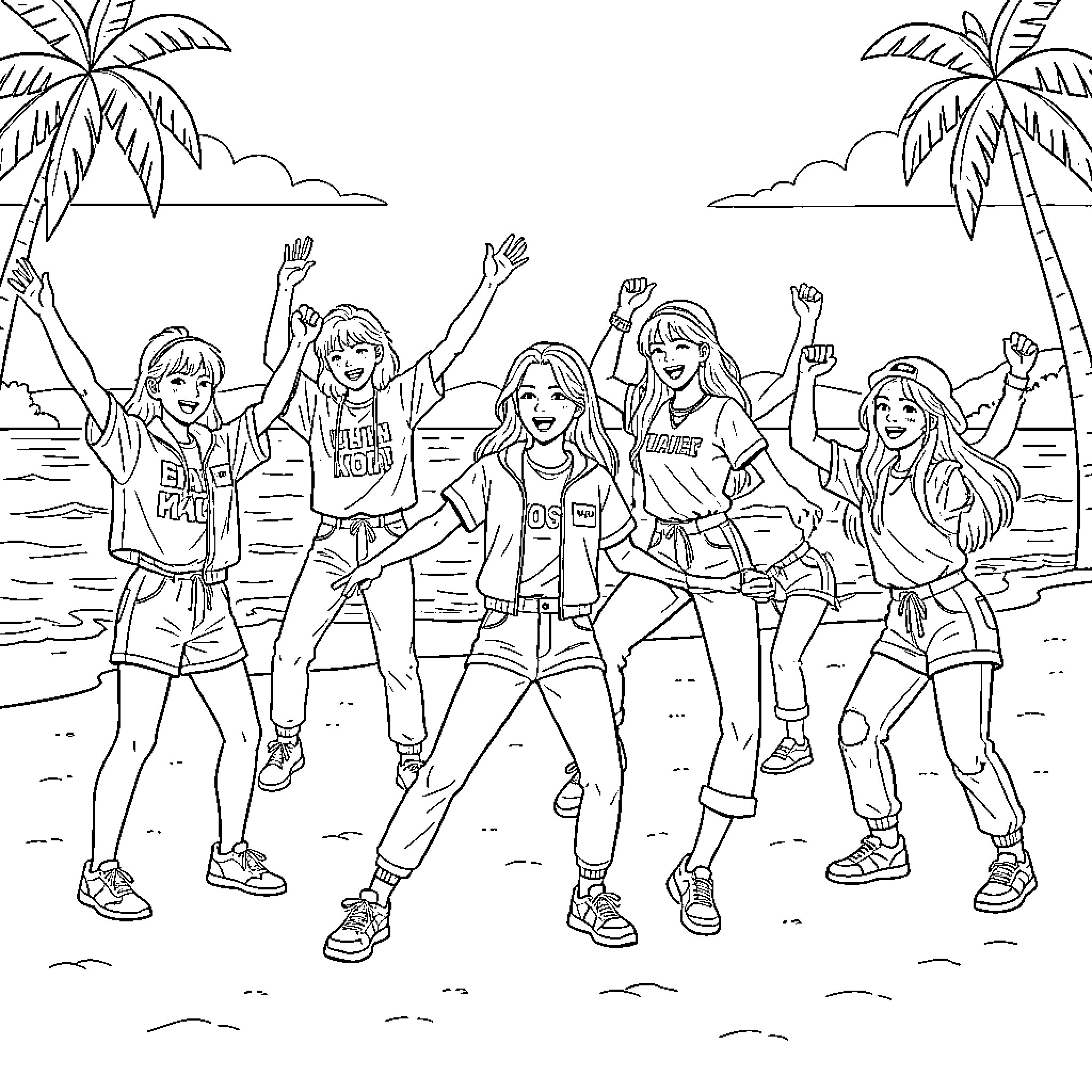 K Pop group dancing happily on a beach Coloring Page (free black-and-white line drawing printable PDF for all, from beginners to advanced learners, including children, teens, adults, and seniors)
