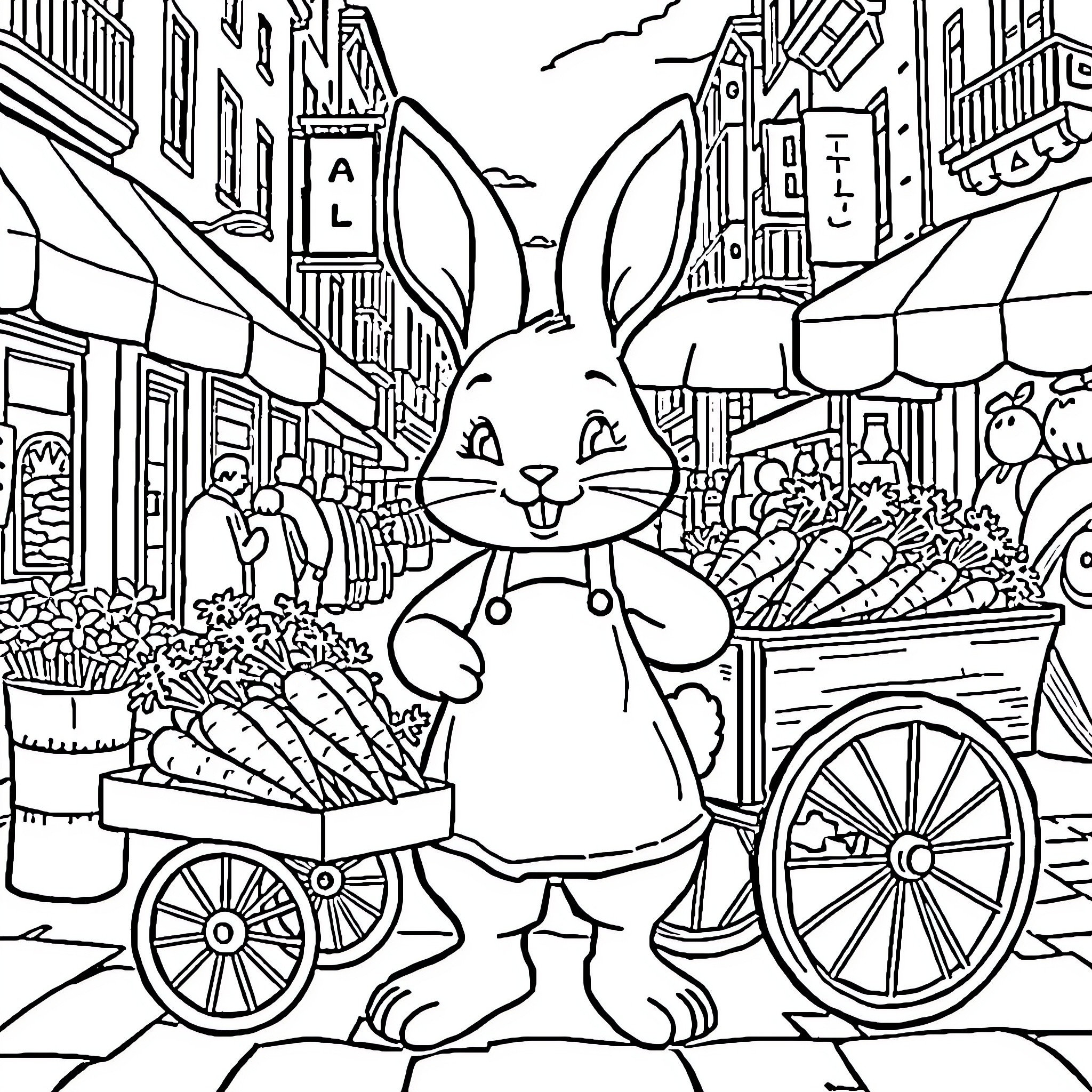 Bunny selling produce at a bustling outdoor market Coloring Page (free black-and-white line drawing printable PDF for all, from beginners to advanced learners, including children, teens, adults, and seniors)