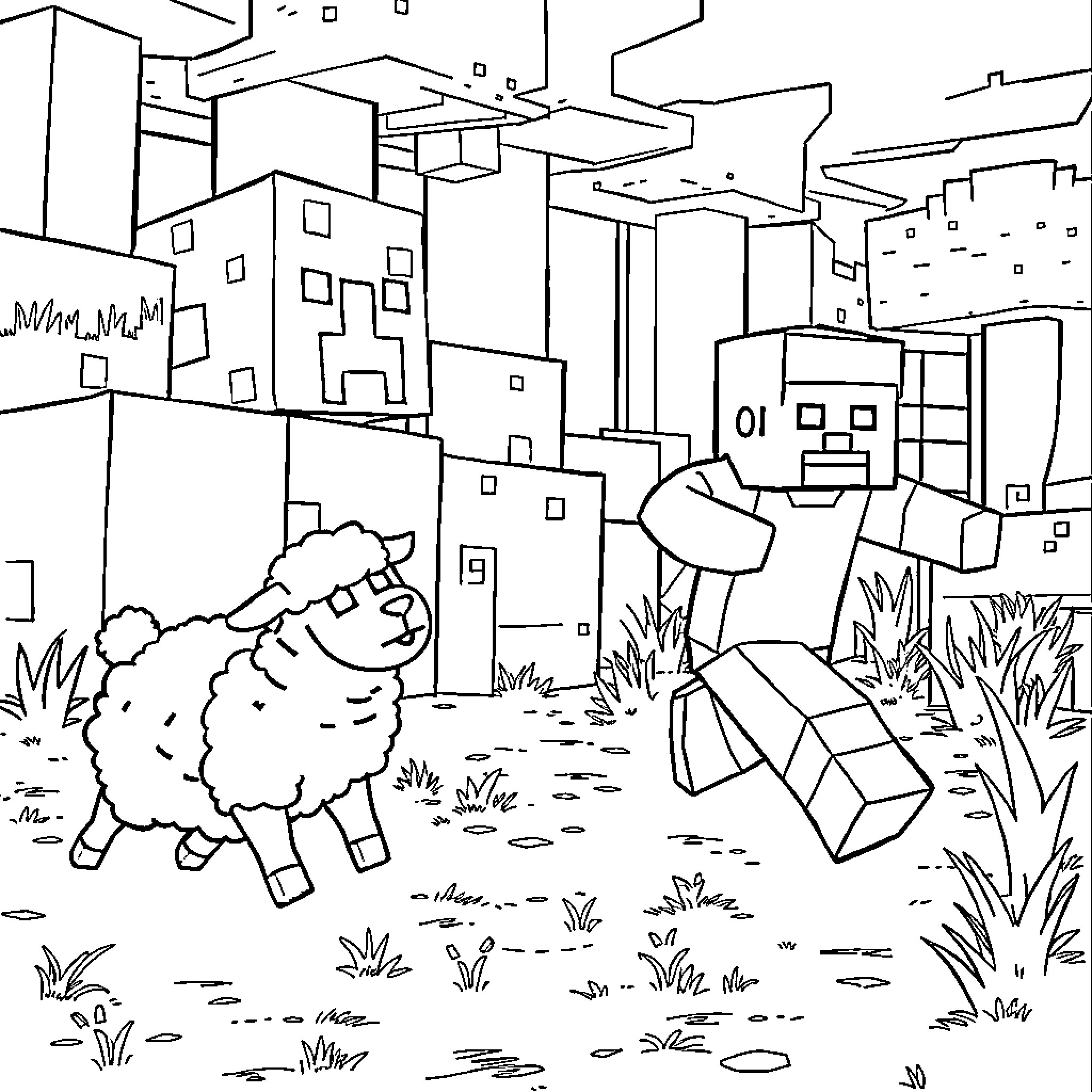 Creeper sneaking up on player in Minecraft world Coloring Page (free black-and-white line drawing printable PDF for all, from beginners to advanced learners, including children, teens, adults, and seniors)