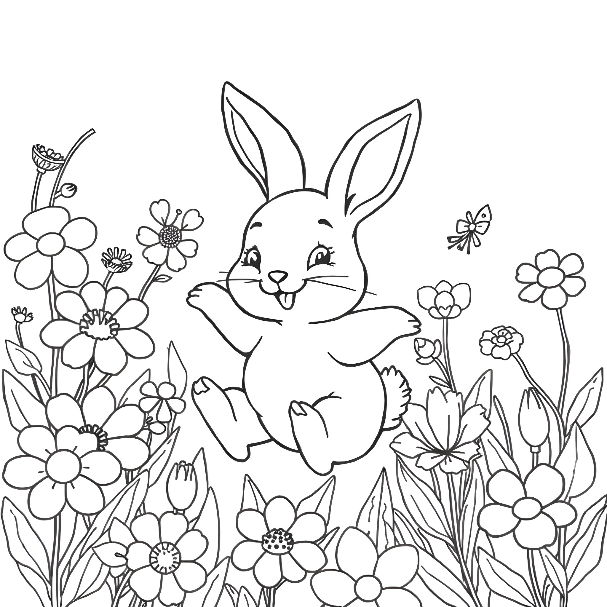 Bunny surrounded by cheerful flowers Coloring Page (free black-and-white line drawing printable PDF for all, from beginners to advanced learners, including children, teens, adults, and seniors)
