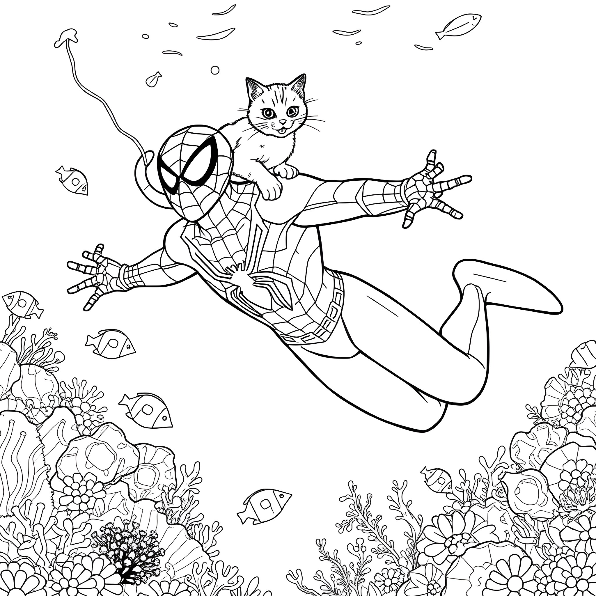 Spiderman swinging through the underwater world with a cat Coloring Page (free black-and-white line drawing printable PDF for all, from beginners to advanced learners, including children, teens, adults, and seniors)