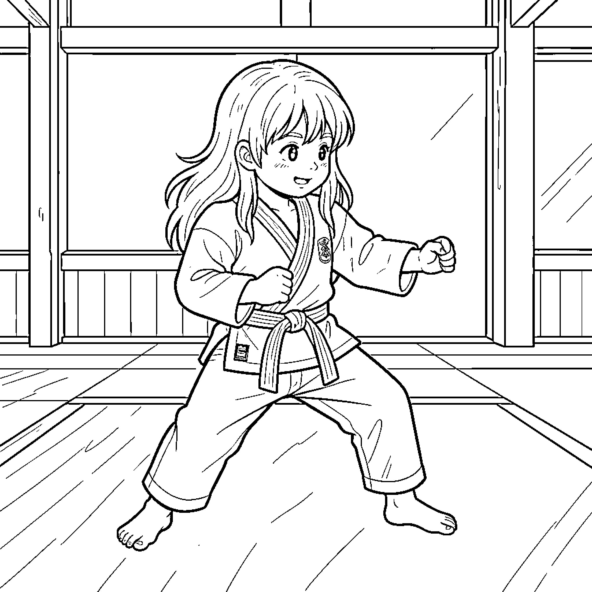 Judoka in uniform practicing martial arts stance Coloring Page (free black-and-white line drawing printable PDF for all, from beginners to advanced learners, including children, teens, adults, and seniors)