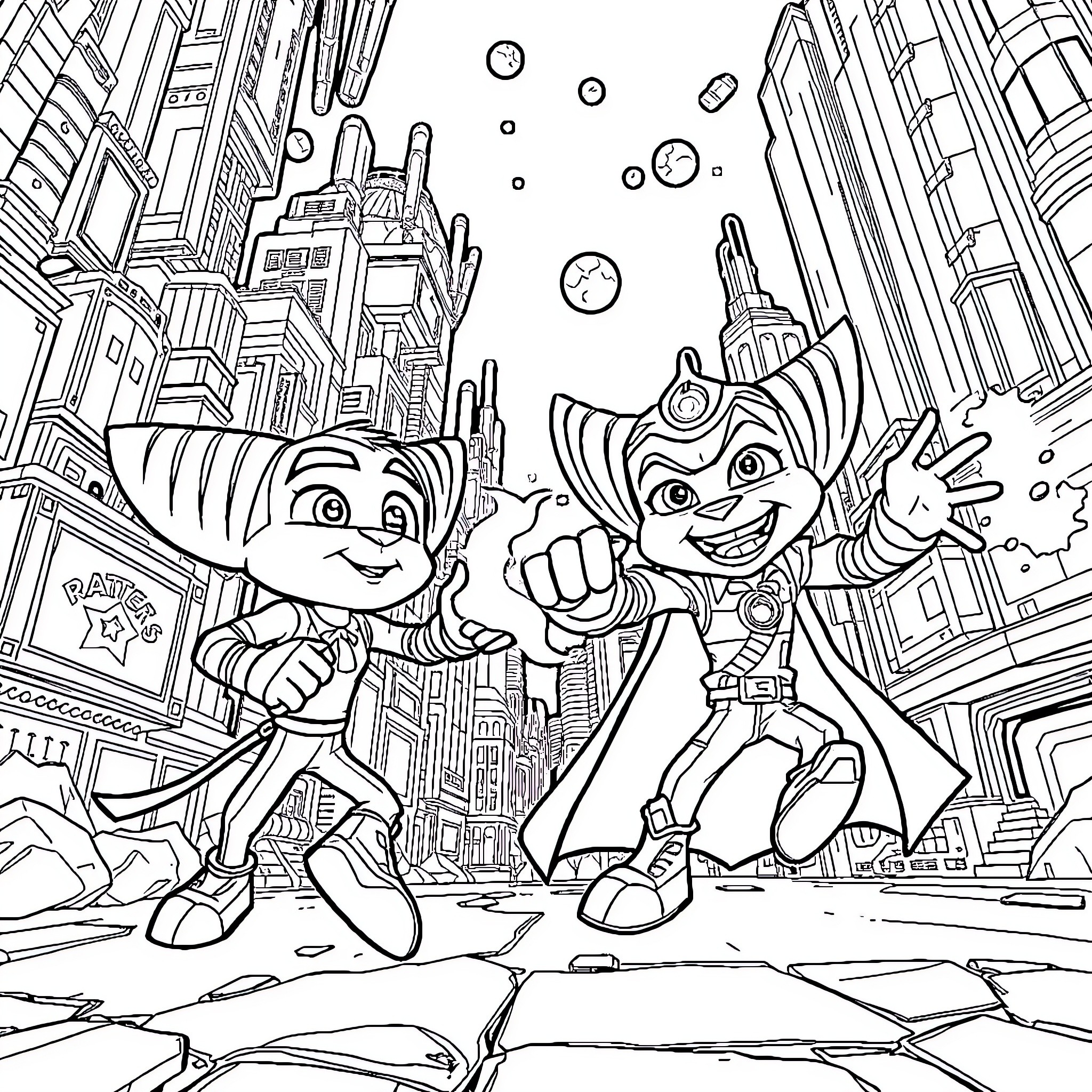 Ratchet and Clank: Epic Adventure in the City Coloring Page (free black-and-white line drawing printable PDF for all, from beginners to advanced learners, including children, teens, adults, and seniors)