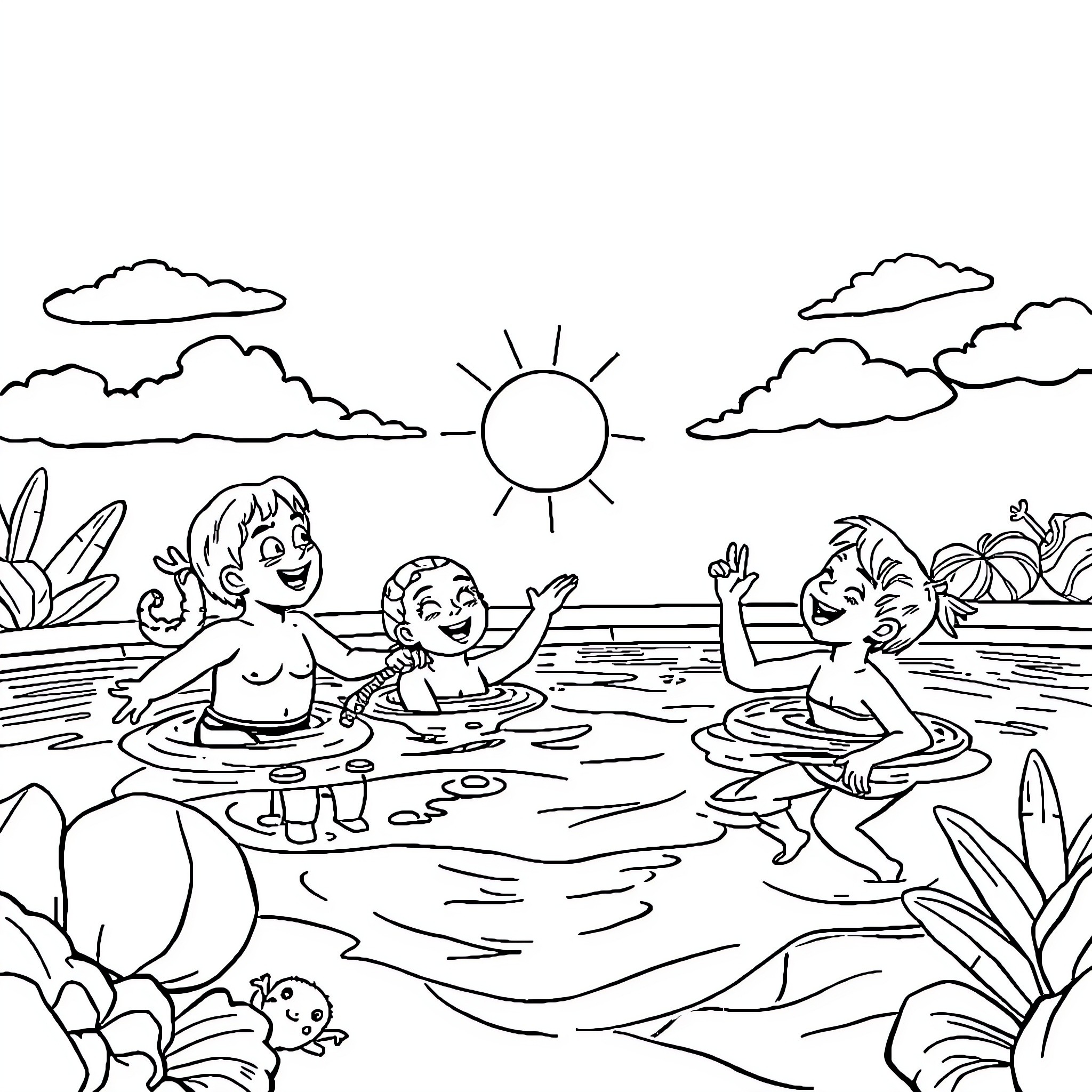 Schoolchildren enjoying summer swim in nature Coloring Page (free black-and-white line drawing printable PDF for all, from beginners to advanced learners, including children, teens, adults, and seniors)
