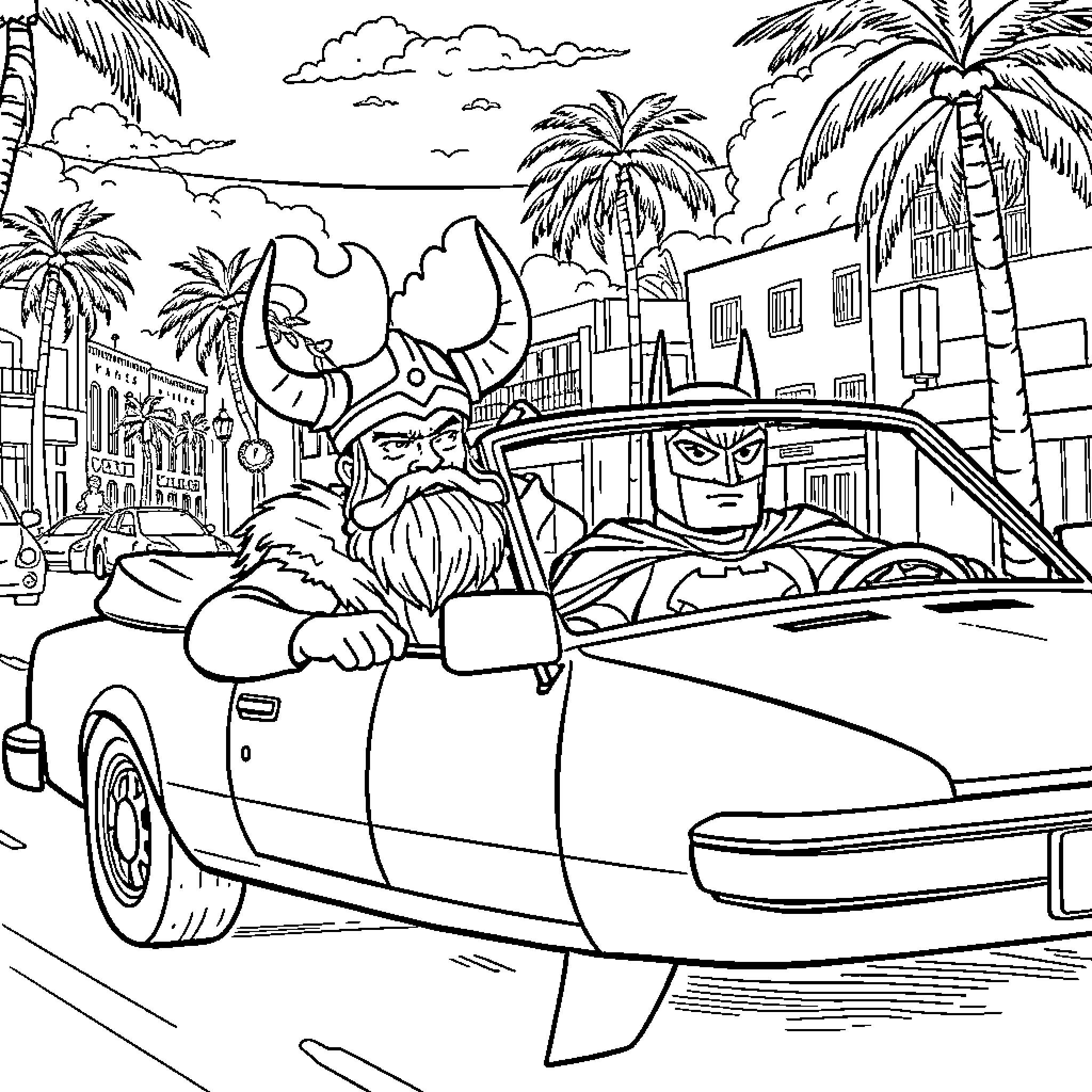 Viking Warriors Cruising Through Tropical Paradise Coloring Page (free black-and-white line drawing printable PDF for all, from beginners to advanced learners, including children, teens, adults, and seniors)