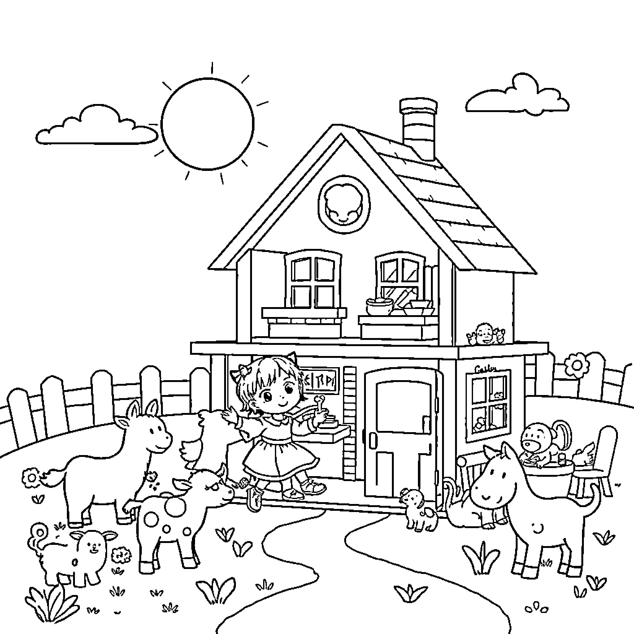 Gabby's Fun Day at the Countryside Cottage Coloring Page (free black-and-white line drawing printable PDF for all, from beginners to advanced learners, including children, teens, adults, and seniors)