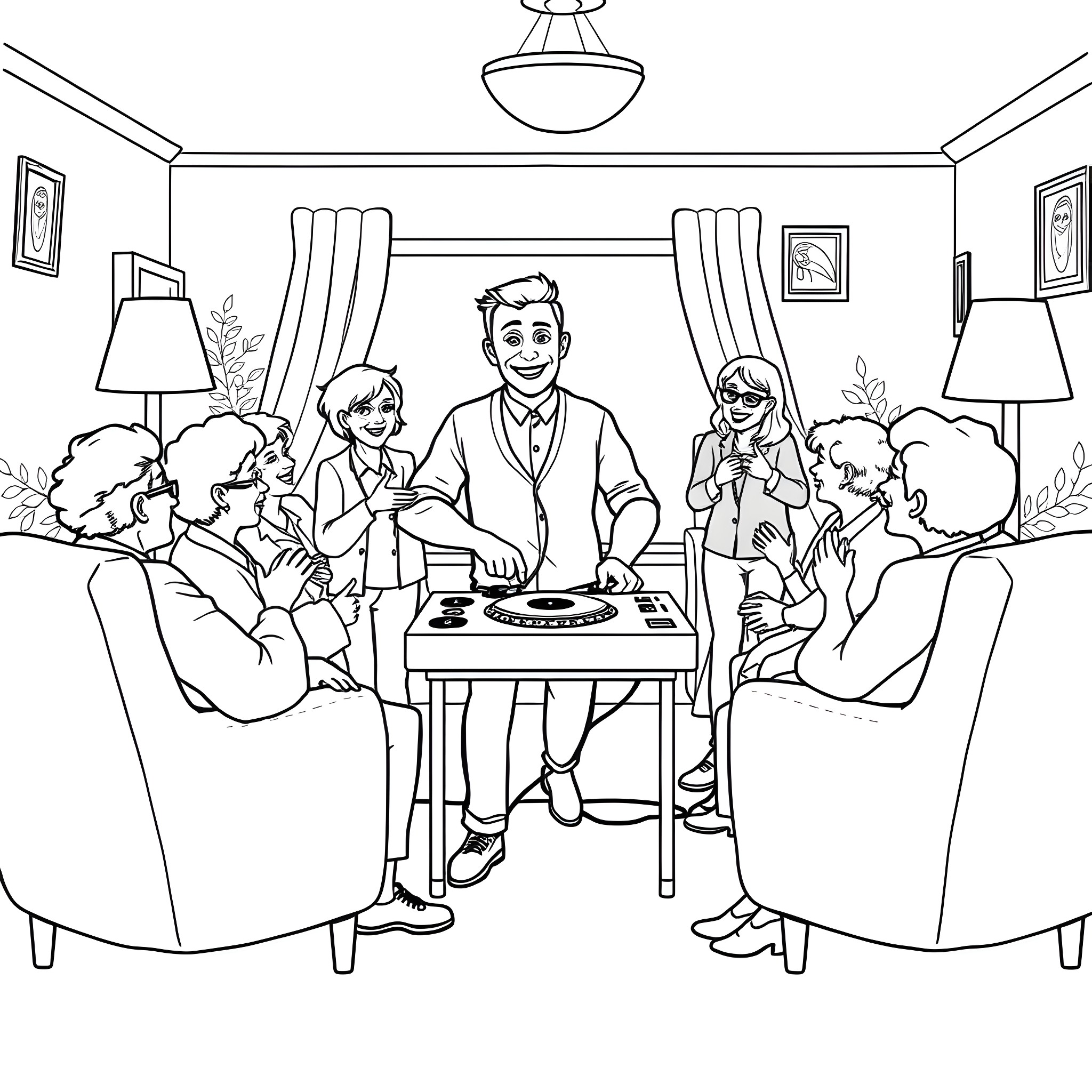 DJ Entertains Guests at a Lively Gathering Coloring Page (free black-and-white line drawing printable PDF for all, from beginners to advanced learners, including children, teens, adults, and seniors)