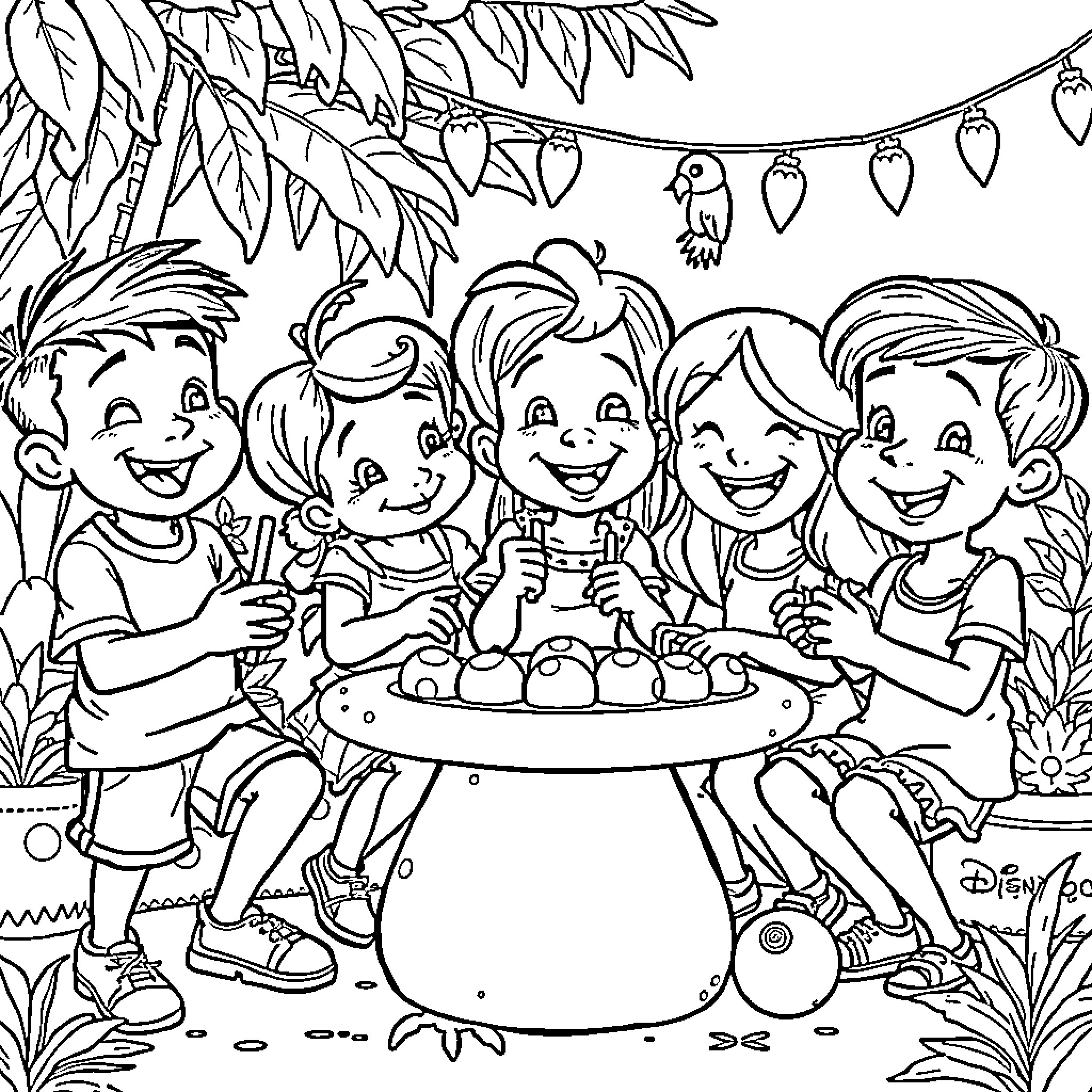 Children enjoying a picnic outdoors Coloring Page (free black-and-white line drawing printable PDF for all, from beginners to advanced learners, including children, teens, adults, and seniors)