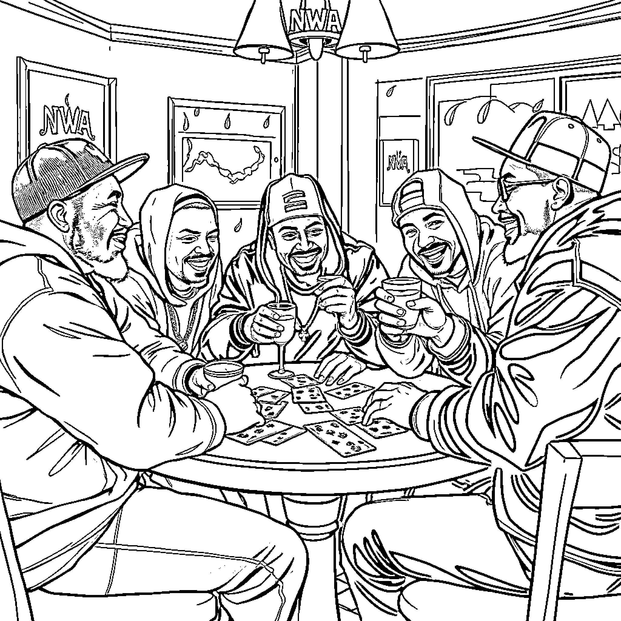 Nwa Gather for Card Game Coloring Page (free black-and-white line drawing printable PDF for all, from beginners to advanced learners, including children, teens, adults, and seniors)