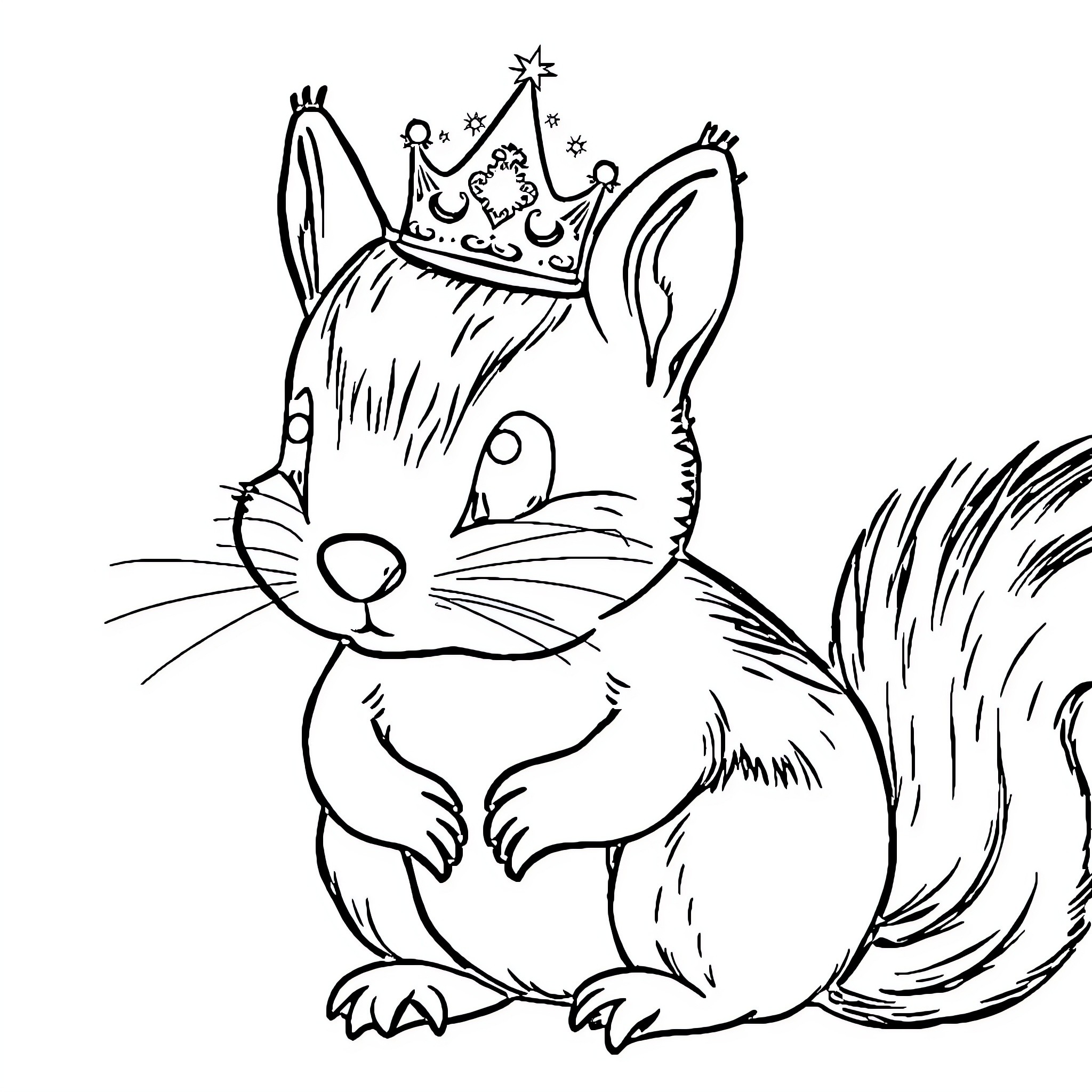 Squirrel wearing a crown and looking regal Coloring Page (free black-and-white line drawing printable PDF for all, from beginners to advanced learners, including children, teens, adults, and seniors)