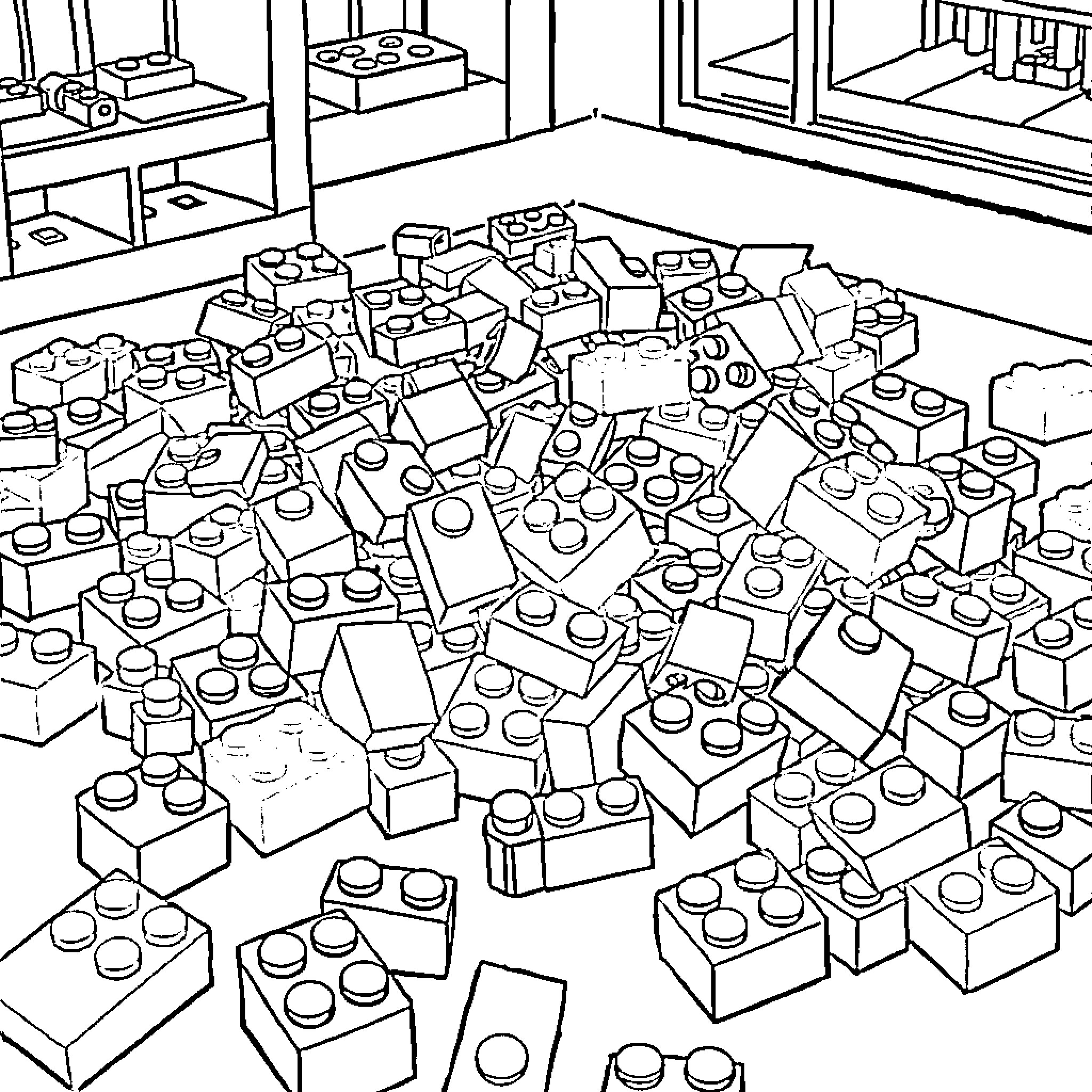 Lego bricks scattered in a messy room Coloring Page (free black-and-white line drawing printable PDF for all, from beginners to advanced learners, including children, teens, adults, and seniors)