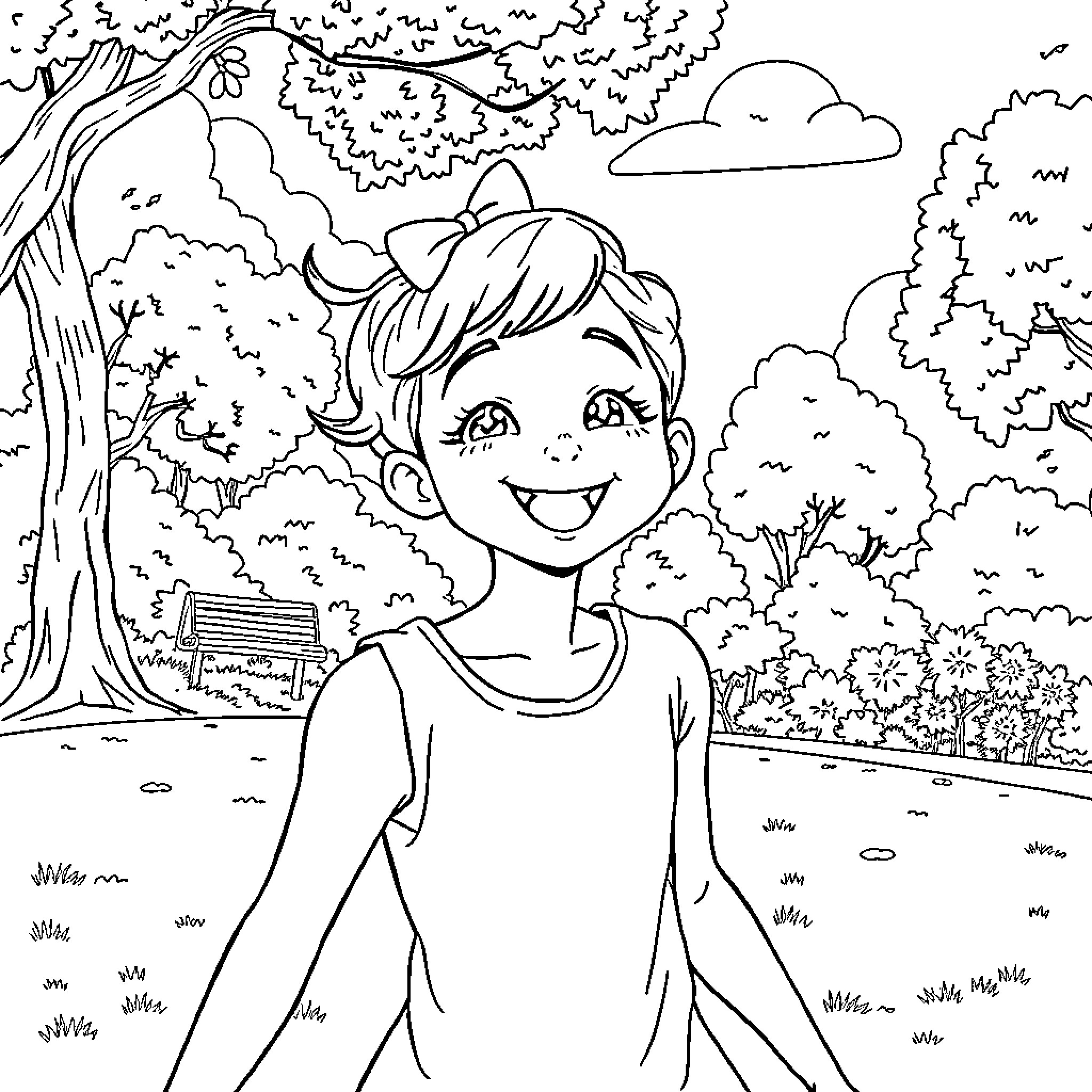 Trans Girl Enjoying Nature's Beauty in the Park Coloring Page (free black-and-white line drawing printable PDF for all, from beginners to advanced learners, including children, teens, adults, and seniors)