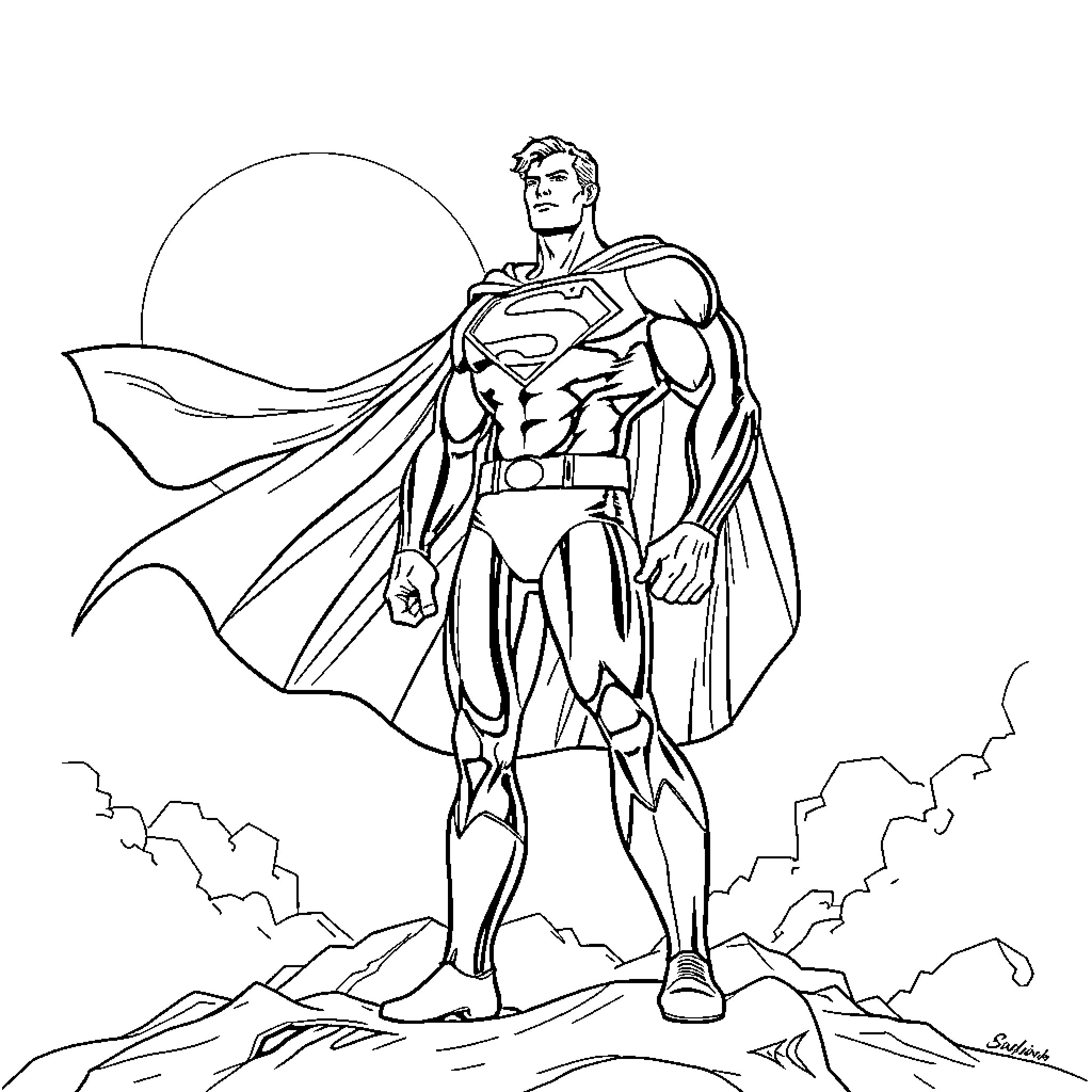 Superman standing heroically atop a rocky mountain peak Coloring Page (free black-and-white line drawing printable PDF for all, from beginners to advanced learners, including children, teens, adults, and seniors)