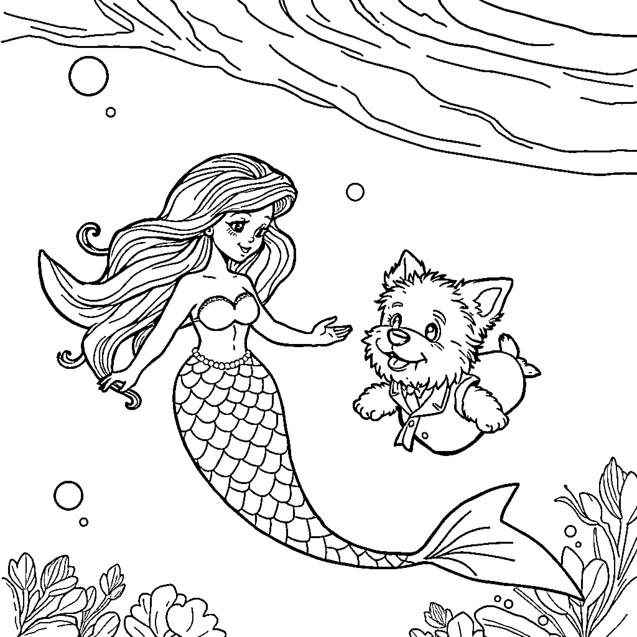 Mermaid playing with a sea creature in the underwater world Coloring Page (free black-and-white line drawing printable PDF for all, from beginners to advanced learners, including children, teens, adults, and seniors)